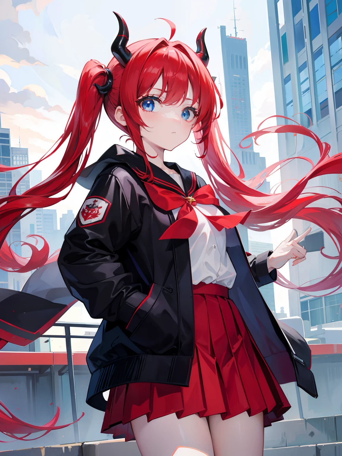 red hair, blue eyes, twintails, Sailor suit,black coat, Pleated skirt,solo,loli,cute,bow,Dragon horns