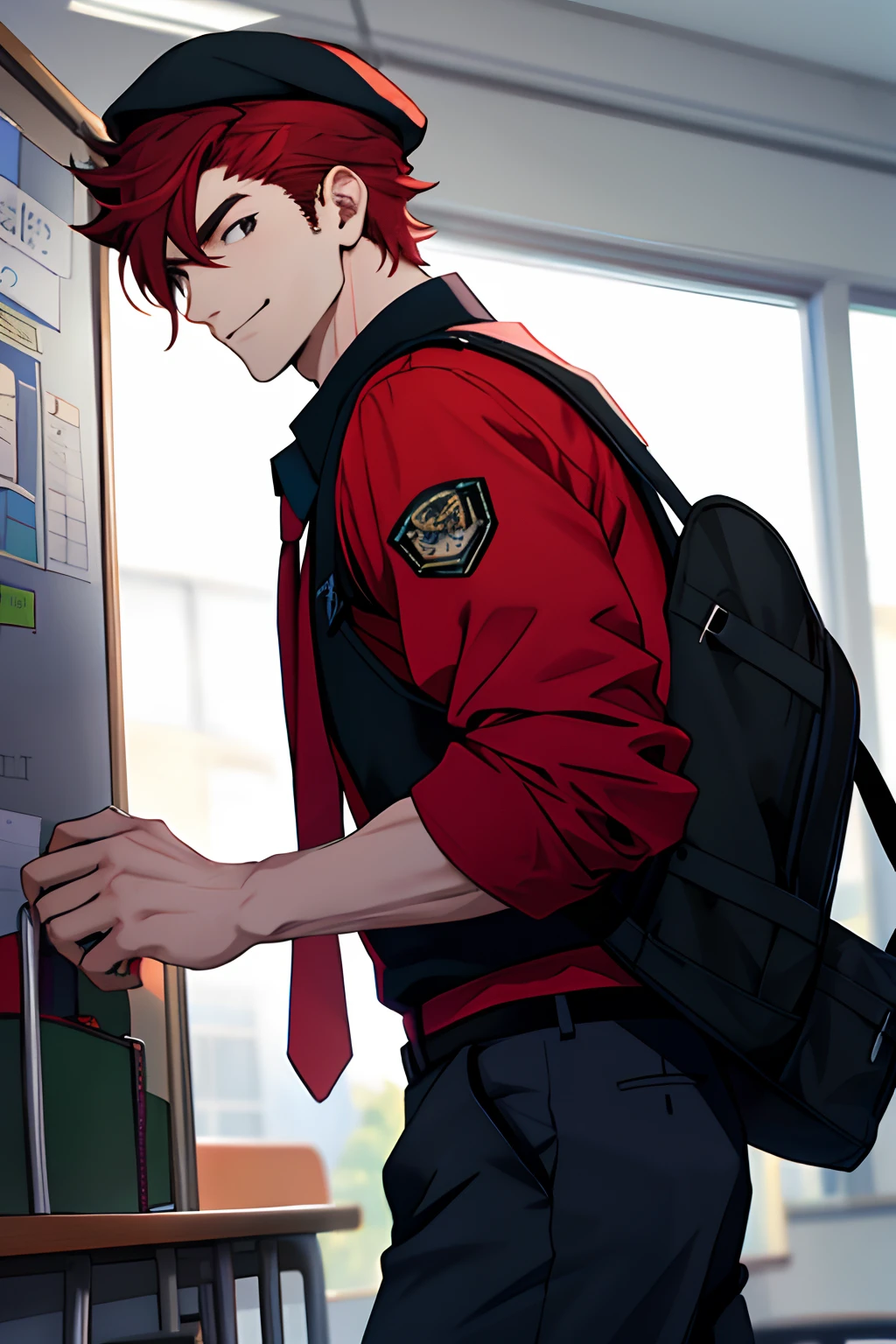 Day man,male people,high school senior,redheadwear,ssmile,sideface,looking toward the viewer,Be red in the face,in school uniform,seen from the side