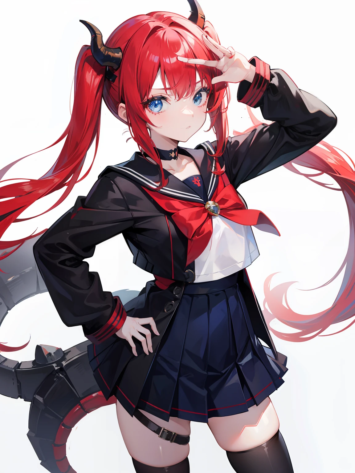 red hair, blue eyes, twintails, Sailor suit,black coat, Pleated skirt,solo,loli,cute,bow,Dragon horns