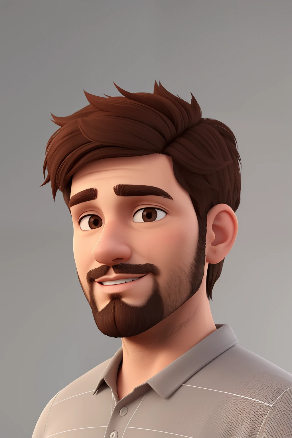 A man in her 30's, a father, with brown hair, neutral face, short stubble beard, boxy face, brown eyes, wearing grey shirt. 3d cartoon