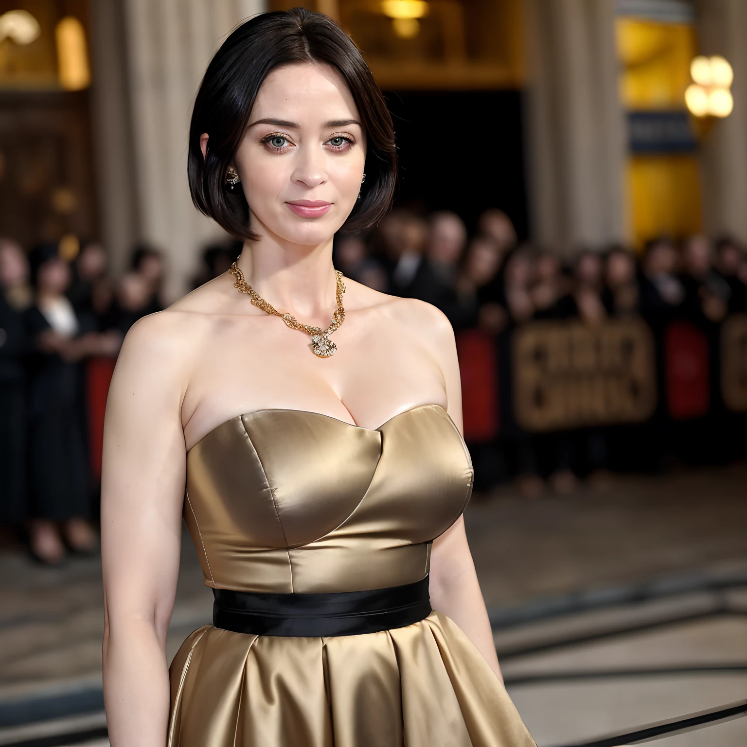 (Masterpiece:1.1, best quality:1.1), high resolution, 32k HDR, (Ultra realistic picture of EmilyBlunt, detailed face, realistic texture, (atmospheric lighting), shot on Arricam LT Camera, a 60 years old mature woman with (mascara, makeup:1.2) and (short black hair:1.2), black jacket, long black skirt, sepia picture, (huge breasts:1.1), red carpet, golden party dress, strapless dress, neckless, arm ring,