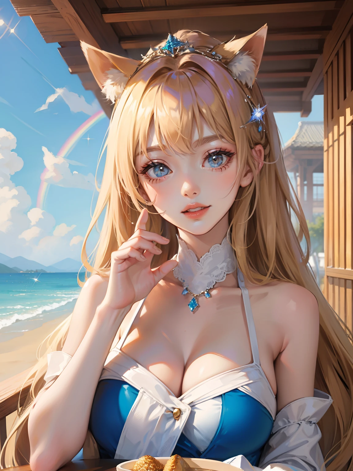 Hair accessories with gorgeous blue jewels、A slight smil、Wearing pink nails、Beautiful big rainbow in the background、Hair is gold
