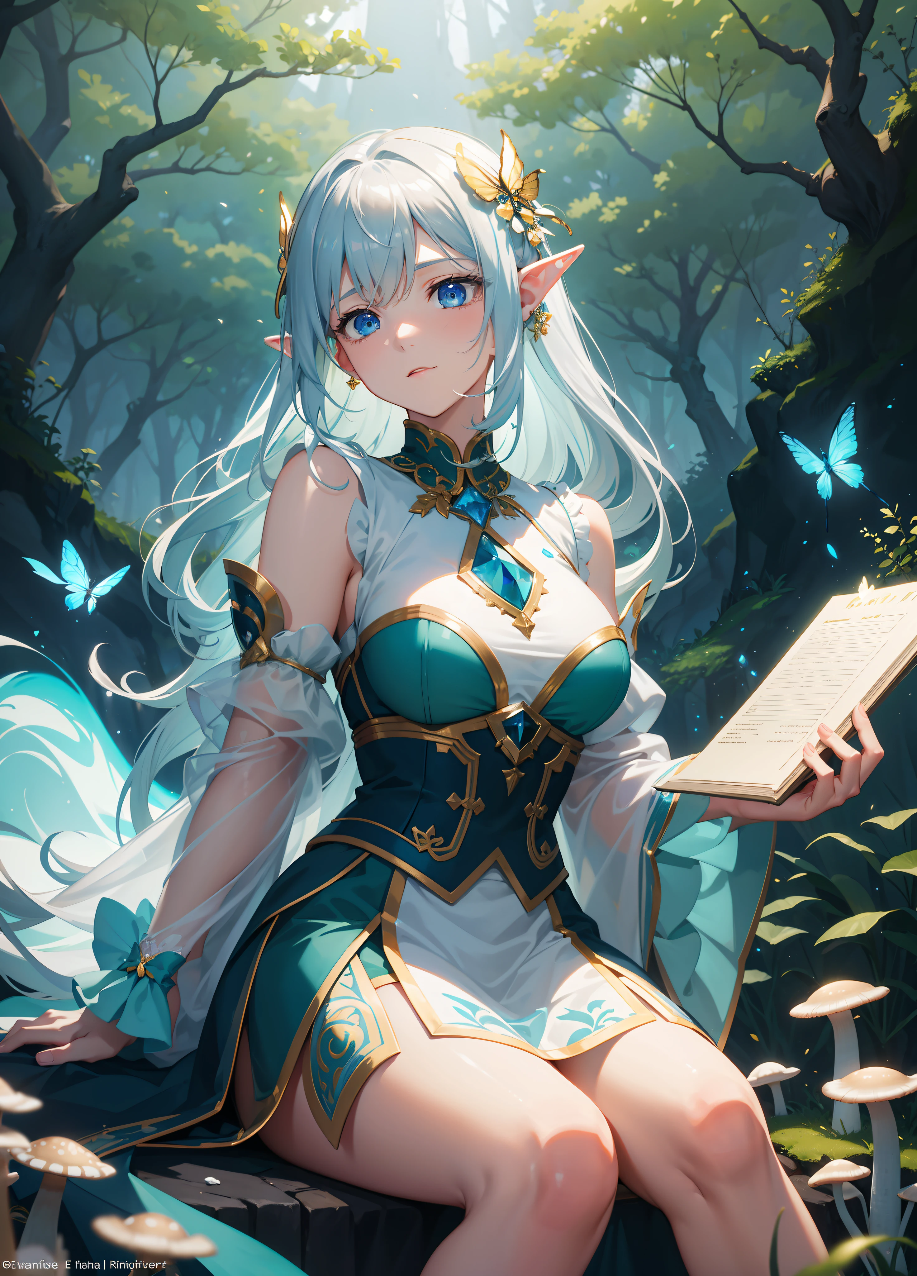 ((best quality)), ((masterpiece)), (detailed), highly detailed skin, ((ultra-detailed)), (sitting), sharp focus, HDR, 8K resolution, (illustration), (beautiful detailed eyes), (good hands), 1girl, fantasy, fairy tale, enchanted forest, (magical creatures:1.3), (ethereal atmosphere:1.4), (bright flowers:1.2), (mushrooms:1.1),
(moss:1.1), (butterfly:1.2), (brightness:1.3), (long hair:1.2), (flowing dress:1.3), (forest animals:1.1), (detailed background:1.4), (fancy lighting:1.4), (extravagant sensation:1.3), (storybook style:1.2), [girl:enchanted forest:0.9], [magical creatures:extravagant sensation:0.8], [glow: bright flowers:0.7], [butterfly:mushrooms:0.6]