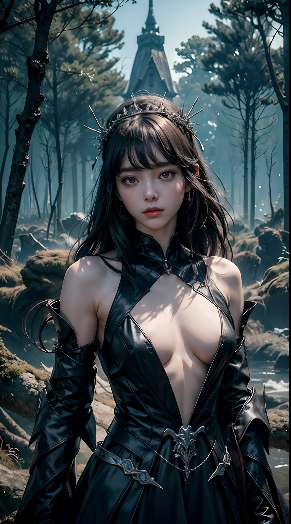 (8K, Raw photography, top-quality, ​masterpiece:1.2),  One Woman、Japan at the age of 18,fullllbody.{scinematic angle、Wide Angle、Don't split the screen、}（Realistic Skins 1.4）、（Saint in a white dress、Crown of thorns）、（（（white dres、Crown of thorns、Wearing a crown of thorns、bare-legged、）））、（（（In the dark forest、In a deep eerie forest　、Pitch black night、Deep fog）））（（Crucified on a tree））、50mm Lens、30mm film、wide angles、（long、straight haired、）、（A dark-haired、The forehead is hidden by bangs、）、Black eyes、shinny skin、beautiful detailed hair、Beautiful delicate face、Beautiful delicate eyes、｛tiny chest、small tits、muscular body、｝、