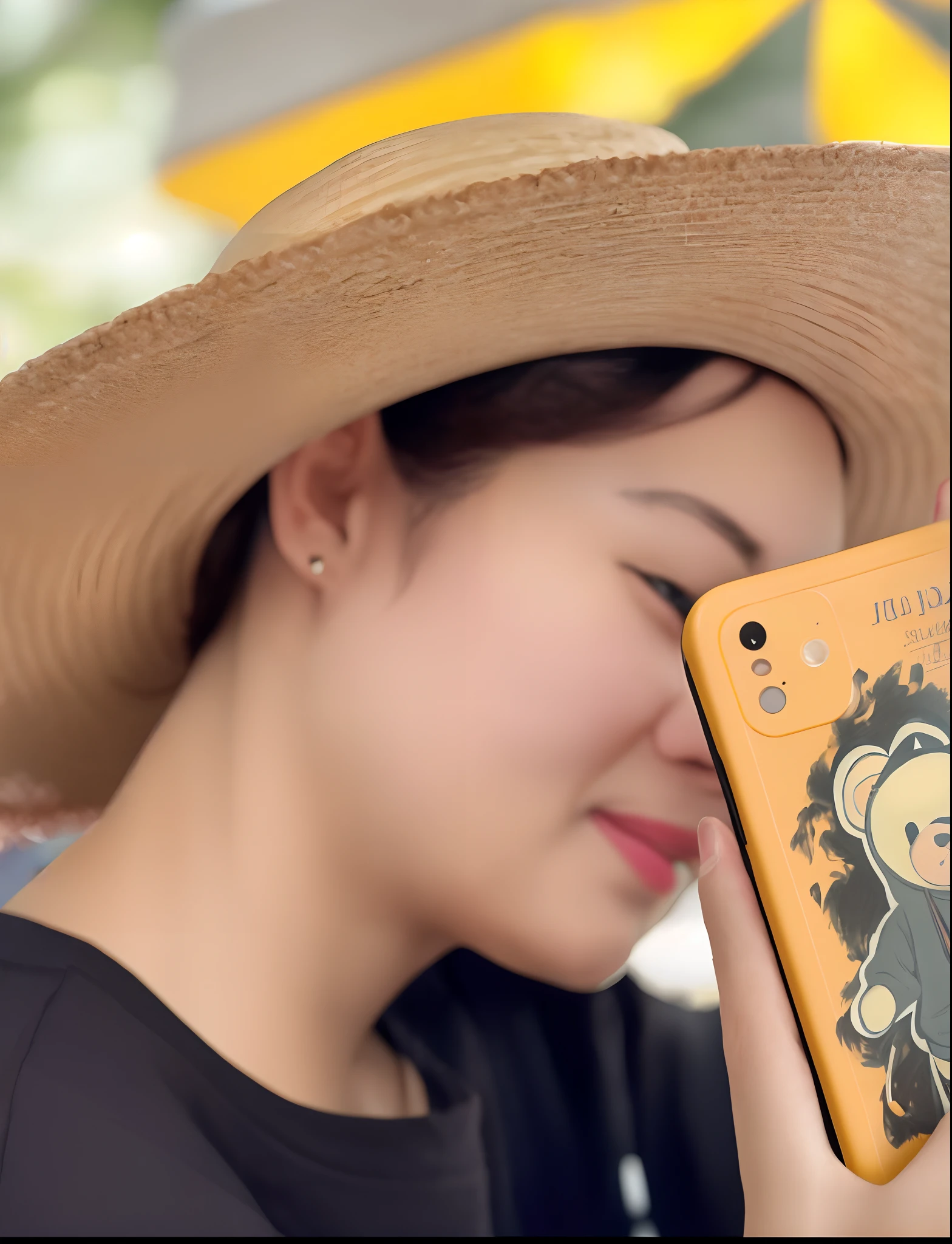 woman wearing a straw hat holding a cell phone with a picture of a monkey on it, phone wearing a cowboy hat, she is holding a smartphone, with straw hat, smartphone photo, cover photo portrait of du juan, wearing straw hat, 8k selfie photograph, hold up smartphone, hand painted cartoon art style, holding a very advance phone, wearing wheat yellow gauze