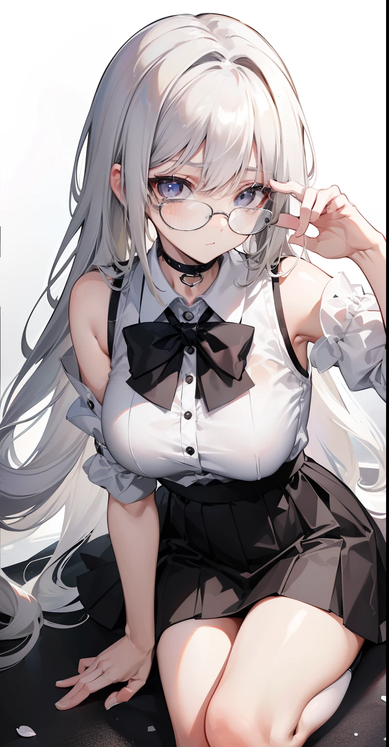 best quality, ultra high res, (photorealistic: 1.4), 1woman, white sleeveless button-down shirt, black skirt, black choker, ((glasses)), (Kpop idol), (salt aegyo: 1), (gray blonde hair platinum:1), ((puffy eyes)), looking at viewer, full body, flowers