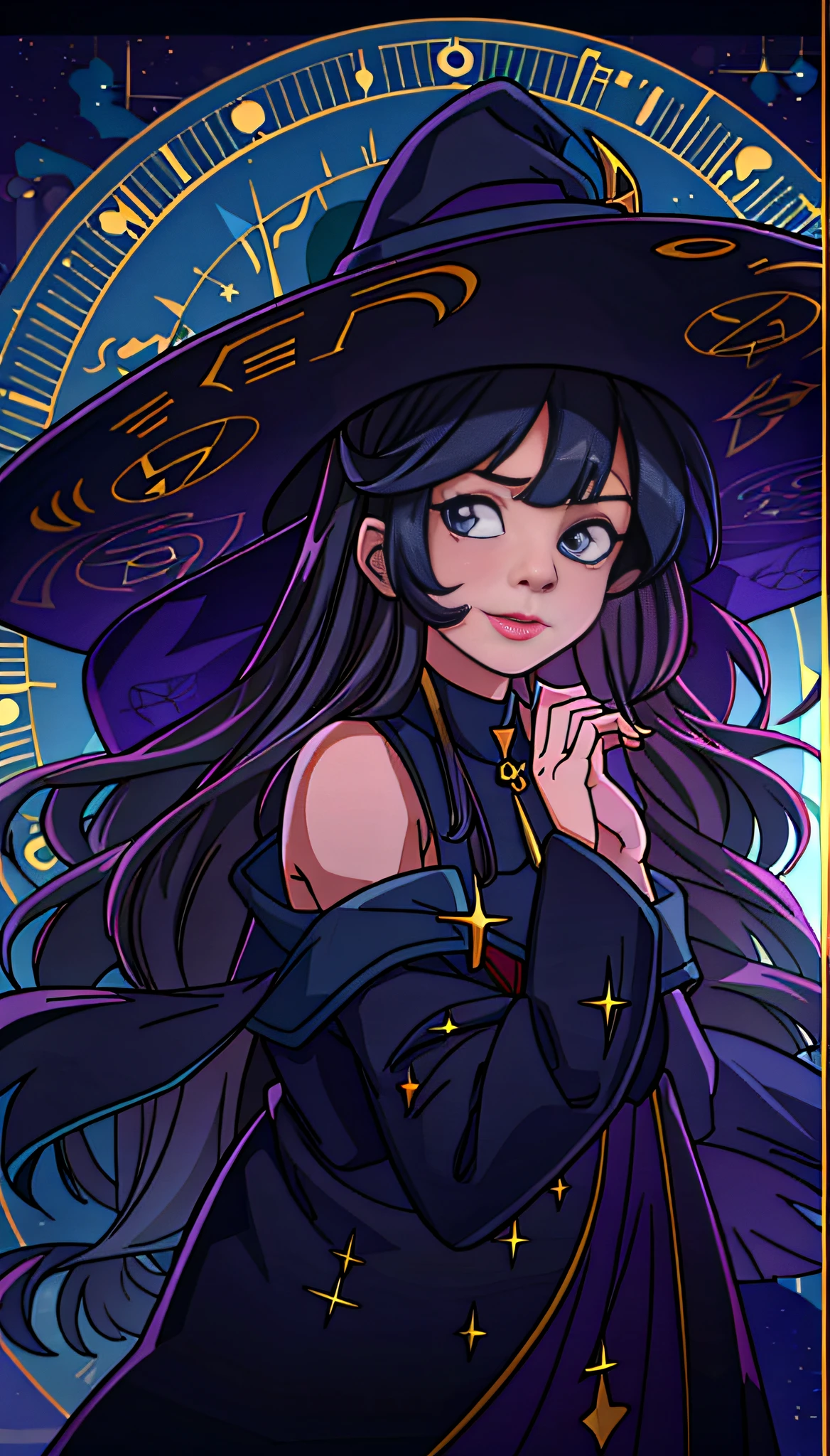 (midshot) of a (cute:1.4) witch, wide hat, (long bangs covering the eye), (black hair), (zodiac signs) in the night sky