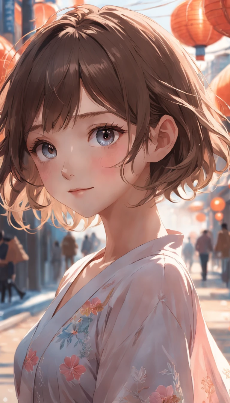 (RAW photo, best qualtiy), (Realistic, Real light:1.3), Masterpiece, Extremely delicate and beautiful, Soft light, (Brunette hair, Short hair swaying in the wind., bangs), Beautiful detailed girl, (Detailed fingers), Very detailed eyes and face, Beautiful detailed nose, Beautiful detail eyes, 1 girl, Japan, Neat and clean beauty, kawaii, Young, Smile, Dress shirt, trousers, (half-body portrait:1.3), (mediuml breasts), Realistic face, Realistic body, En plein air,Natagor Anantapurm