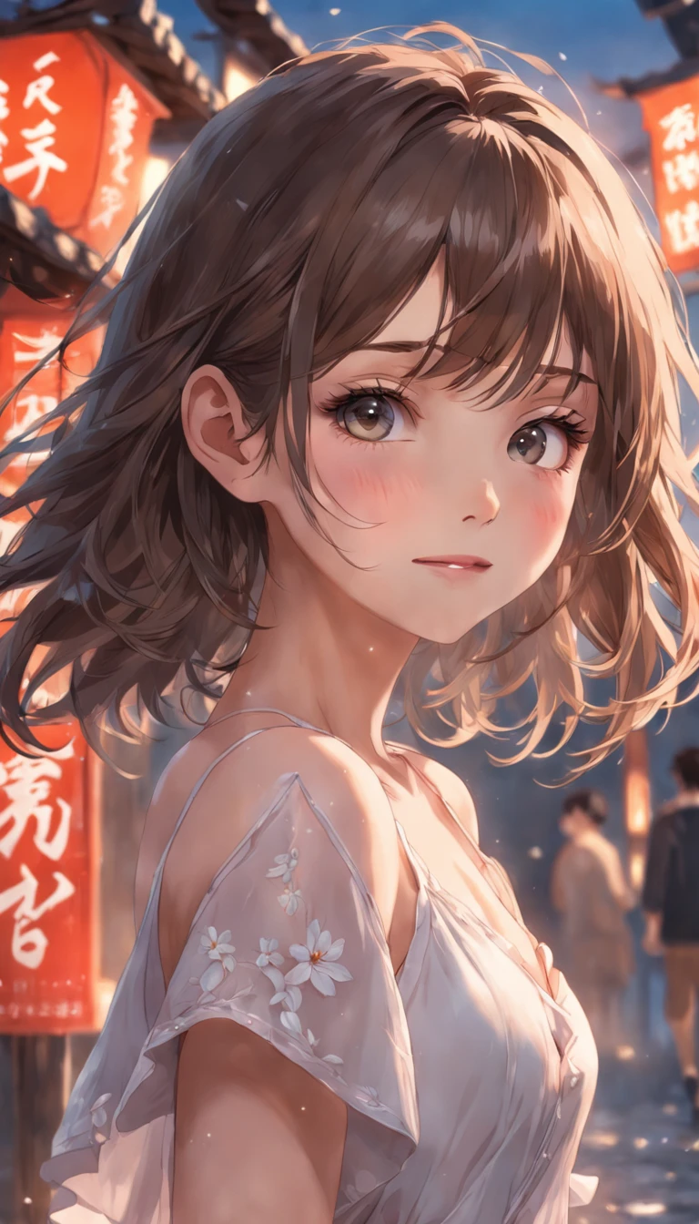 (RAW photo, best qualtiy), (Realistic, Real light:1.3), Masterpiece, Extremely delicate and beautiful, Soft light, (Brunette hair, Short hair swaying in the wind., bangs), Beautiful detailed girl, (Detailed fingers), Very detailed eyes and face, Beautiful detailed nose, Beautiful detail eyes, 1 girl, Japan, Neat and clean beauty, kawaii, Young, Smile, Dress shirt, trousers, (half-body portrait:1.3), (mediuml breasts), Realistic face, Realistic body, En plein air,Natagor Anantapurm