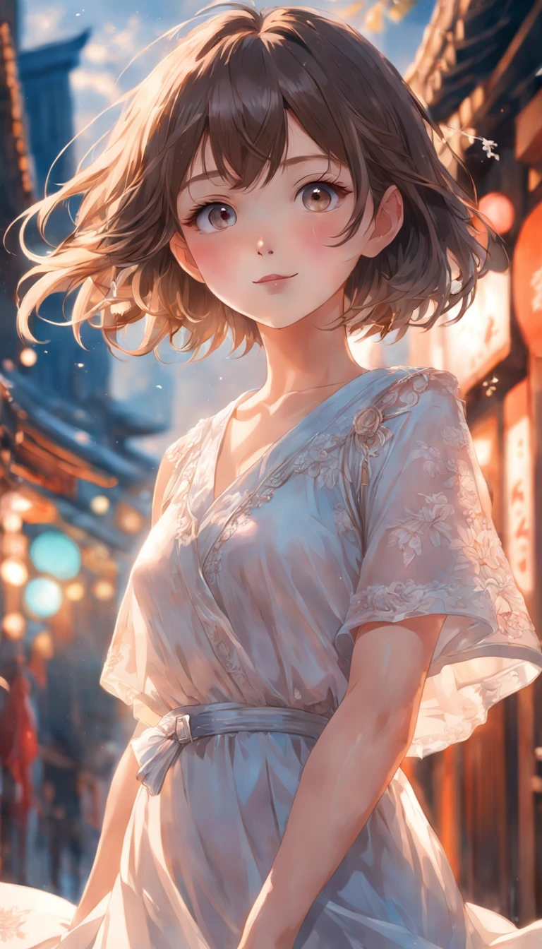 (RAW photo, best qualtiy), (Realistic, Real light:1.3), Masterpiece, Extremely delicate and beautiful, Soft light, (Brunette hair, Short hair swaying in the wind., bangs), Beautiful detailed girl, (Detailed fingers), Very detailed eyes and face, Beautiful detailed nose, Beautiful detail eyes, 1 girl, Japan, Neat and clean beauty, kawaii, Young, Smile, Dress shirt, trousers, (half-body portrait:1.3), (mediuml breasts), Realistic face, Realistic body, En plein air,Natagor Anantapurm