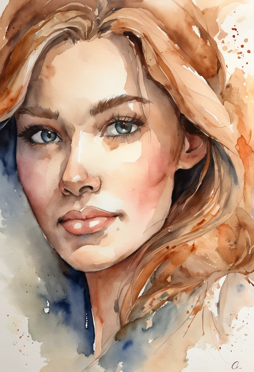 Imagine a watercolor portrait painting of a young woman with a serene expression. The painting captures the delicate play of light and shadow on her features. Her eyes are a mesmerizing shade of deep blue, and they seem to hold a hint of a distant memory. The artist's skillful brushstrokes bring out the subtle textures of her skin, giving it a lifelike quality. The subject's lips are softly painted with a natural pink hue, and a gentle smile graces her face. Wisps of her wavy auburn hair frame her face, blending beautifully with the dreamy, ethereal background of soft pastel colors. The overall ambiance of the painting exudes a sense of tranquility and introspection.