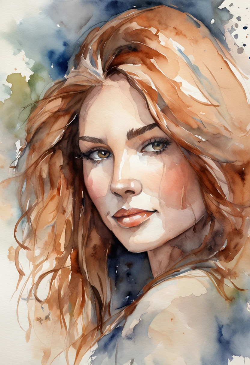 Imagine a watercolor portrait painting of a young woman with a serene expression. The painting captures the delicate play of light and shadow on her features. Her eyes are a mesmerizing shade of deep blue, and they seem to hold a hint of a distant memory. The artist's skillful brushstrokes bring out the subtle textures of her skin, giving it a lifelike quality. The subject's lips are softly painted with a natural pink hue, and a gentle smile graces her face. Wisps of her wavy auburn hair frame her face, blending beautifully with the dreamy, ethereal background of soft pastel colors. The overall ambiance of the painting exudes a sense of tranquility and introspection.