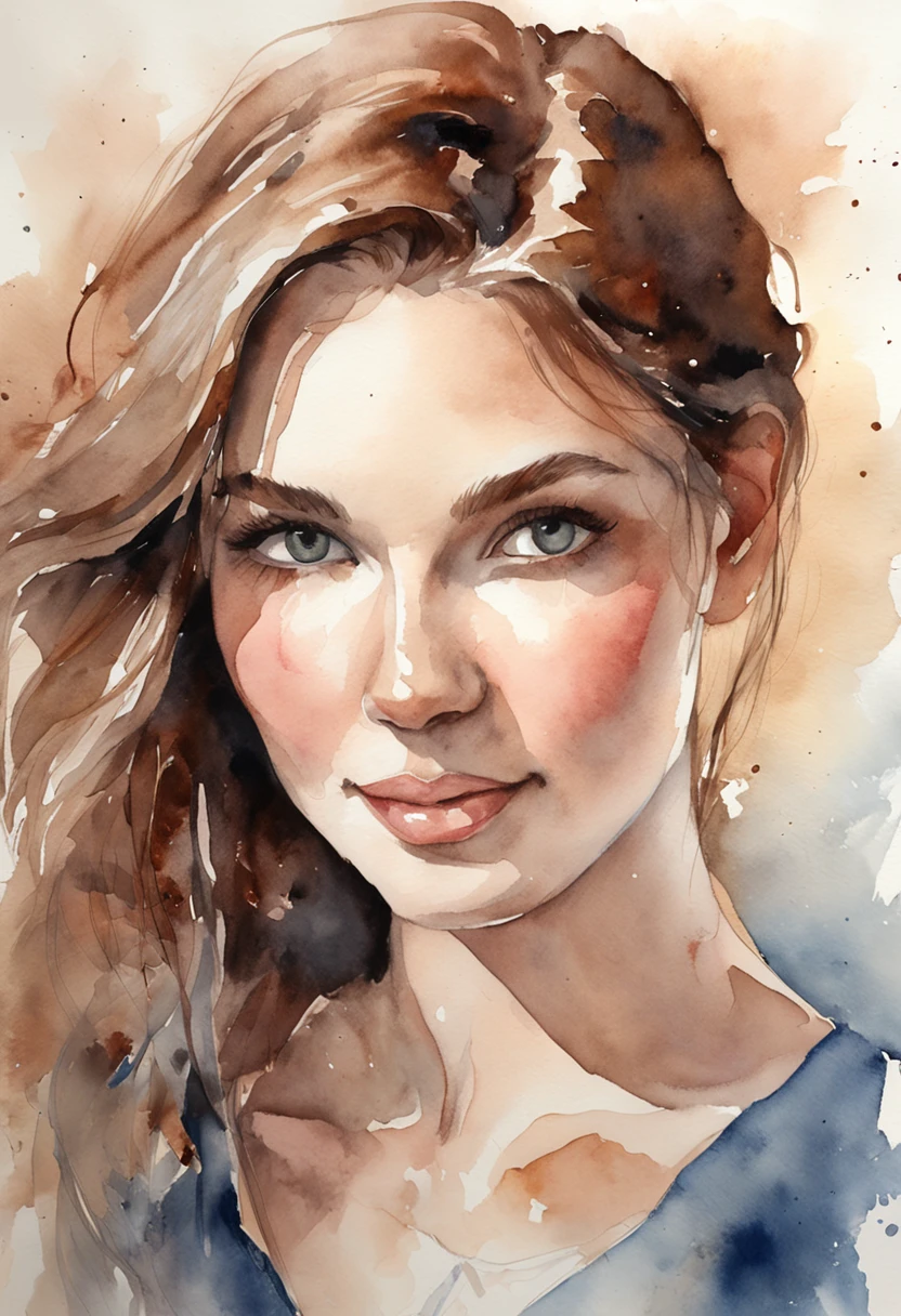 A delicate, watercolor painting portrays, a nude beautiful young Monica Belluccy, medium firm breasts, round firm nipples, without background, her features rendered in subtle shading and precise lines. The half body framing is tight, focusing attention on the subject's serene face. Soft, feathery strokes convey the gentle texture of her hair,