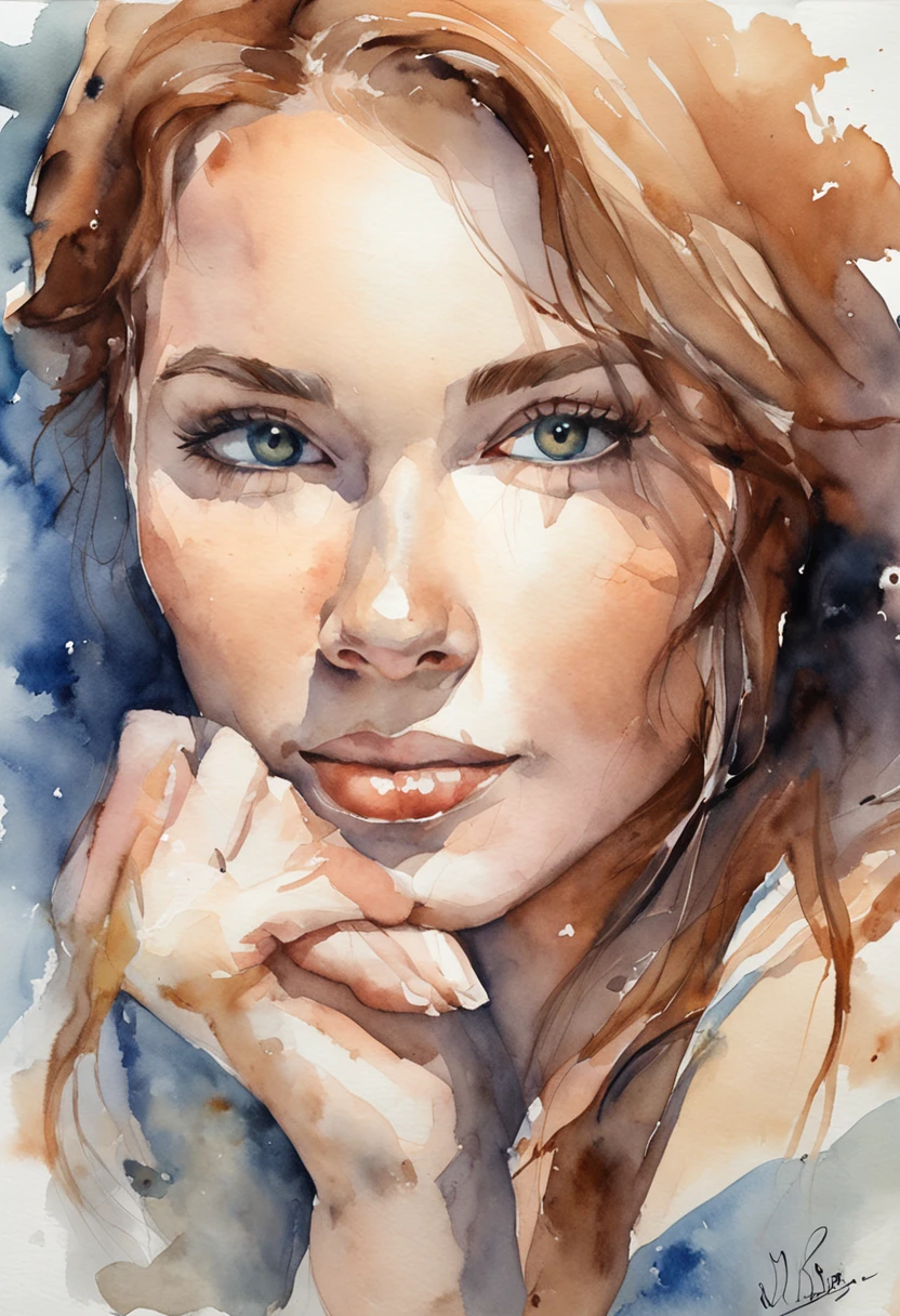 Imagine a watercolor portrait painting of a young woman with a serene expression. The painting captures the delicate play of light and shadow on her features. Her eyes are a mesmerizing shade of deep blue, and they seem to hold a hint of a distant memory. The artist's skillful brushstrokes bring out the subtle textures of her skin, giving it a lifelike quality. The subject's lips are softly painted with a natural pink hue, and a gentle smile graces her face. Wisps of her wavy auburn hair frame her face, blending beautifully with the dreamy, ethereal background of soft pastel colors. The overall ambiance of the painting exudes a sense of tranquility and introspection.