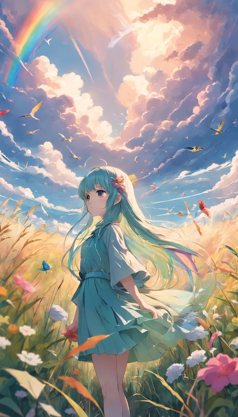 Gentle and beautiful rainbow birds return to nature,With the wind、clouds、florals、The grass blends into one,Be part of an endless cycle in nature。
