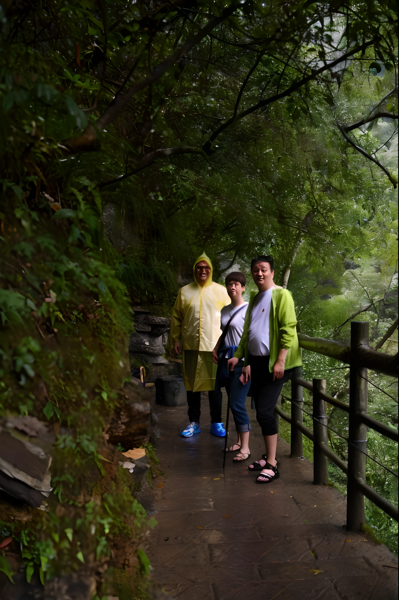 climbing mountain,rained,raincoat,Wear traditional clothing,ssmile,real photograph,(tmasterpiece:1.3),超高分辨率,8K,Works of masters,Nikon D850 shot,