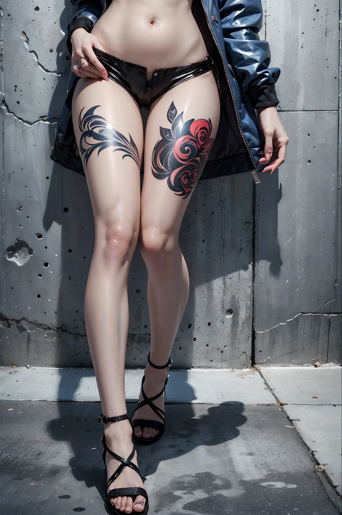 Photorealistic, high resolution, 1womanl, Solo, Hips up, view the viewer, (Detailed face), Silver-blue hair, Long hair, Medium breasts, Tattoo on the crotch,tattoo all over body,Tongue Stud,heeled sandals,nail art