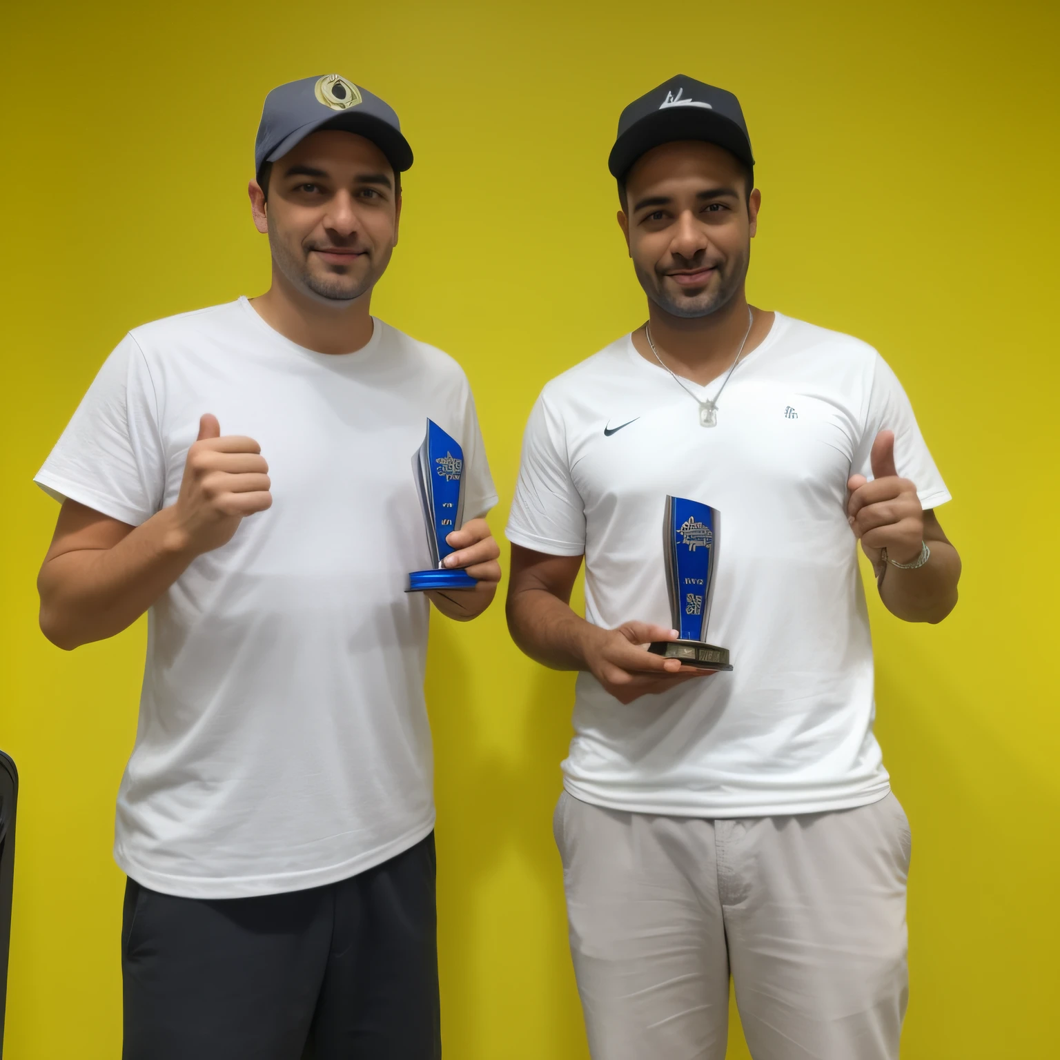 Two men standing next to each other holding their trophies, album photo, competition winning, Directed by: Tom Wänerstrand, vencedor do concurso, holding the larry o'brien trophy, vencedor do concurso 2021, Obra vencedora, editing, com um brilhante, segurando um par de ventiladores. irreal 5, suave em _ O pano de fundo, 8K premiado, Rosas Zulu