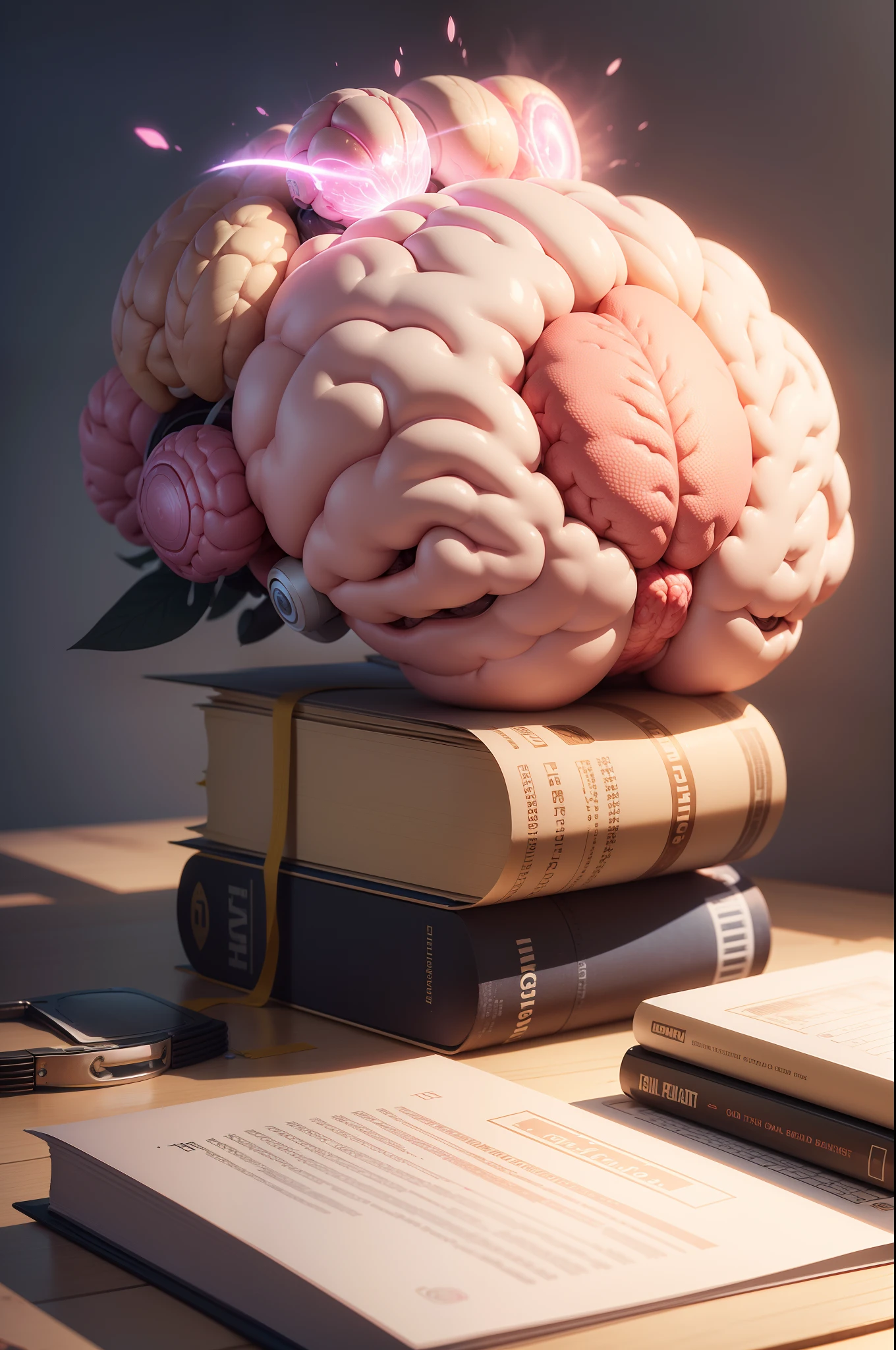 A 3D illustration of a pink brain sitting on top of a stack of books, conhecimento intenso, Brains, brain visible, neuroscience, Estimulante Nootropic, accurate depiction, human brain, textbooks and books, inteligence, Scientific representation, anatomia cerebral, conhecimento, homem inteligente, brain connected to computer, big brain, neural