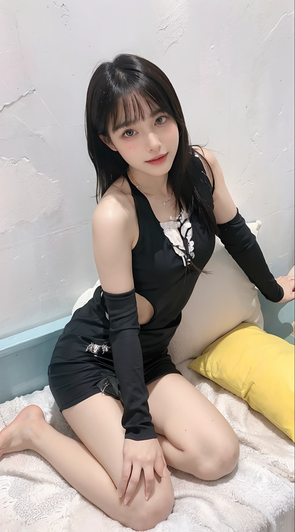 there is a woman, Arakfi, Sit on a bean bag，，Take a selfie with your phone in the mirror，Holding a teddy bear in his hand, 动漫 芭比 穿white, white猫女孩, 全长和white, real life anime girls, Very beautiful and cute catwoman, kerli koiv as anime girl, Anime Girls Cosplay, 穿着white色紧身衣, sitting in her room, sitting on her bed, white色紧身裤, white