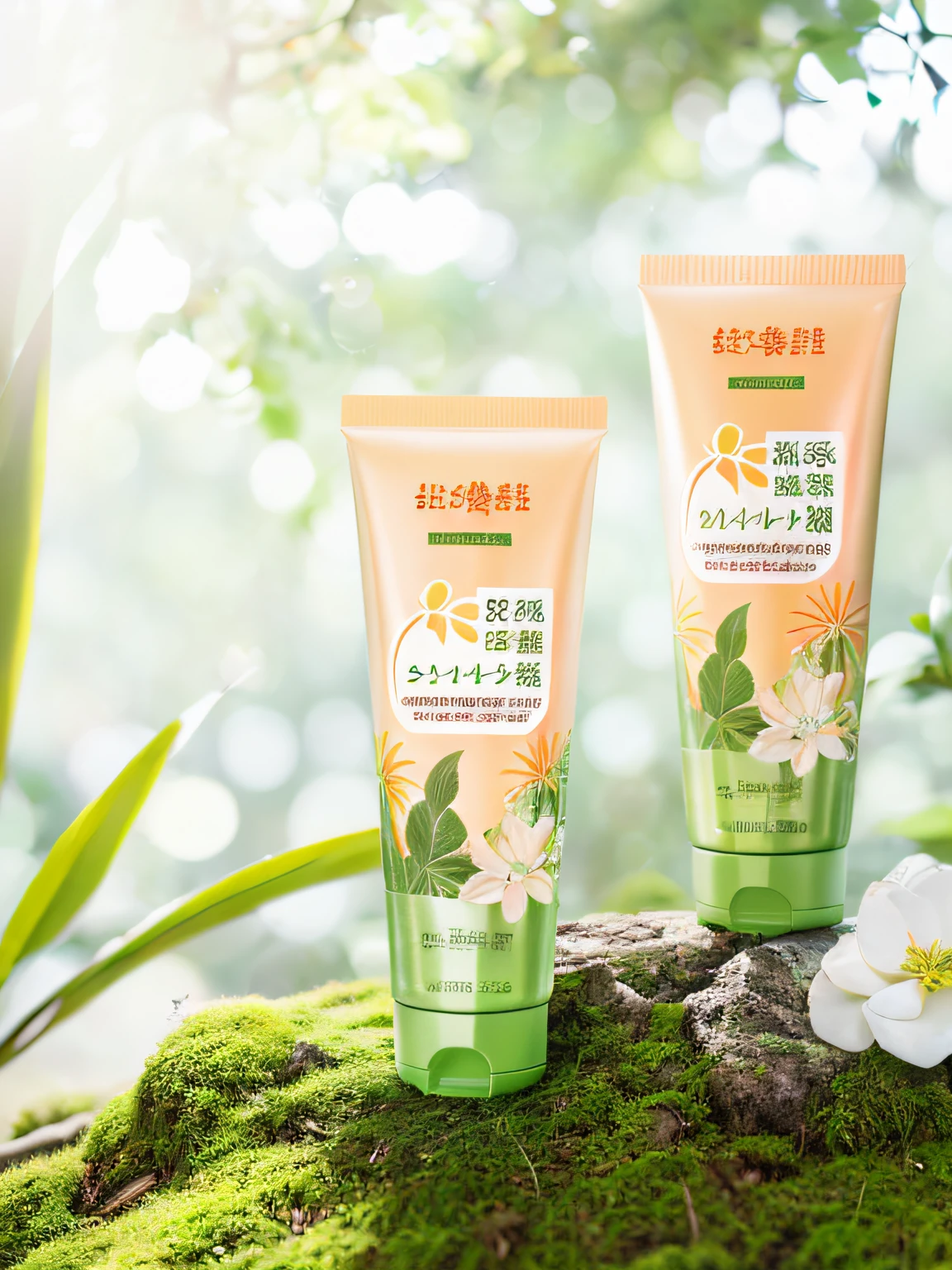 Two cleansers sitting on mossy rocks, ProductAdvertisements,  product image, Product photo, Chiba Yuda, Clean face and body skin, skin care, their, 3 5 °, product label, product - view, beauty shot, 65mm，high qualityProduct photography, Caustics，Packaging shooting, Fine focus, Depth of field, 120mm shooting, Hasselblad shooting, Clear, Focus on commercial photography，8K
