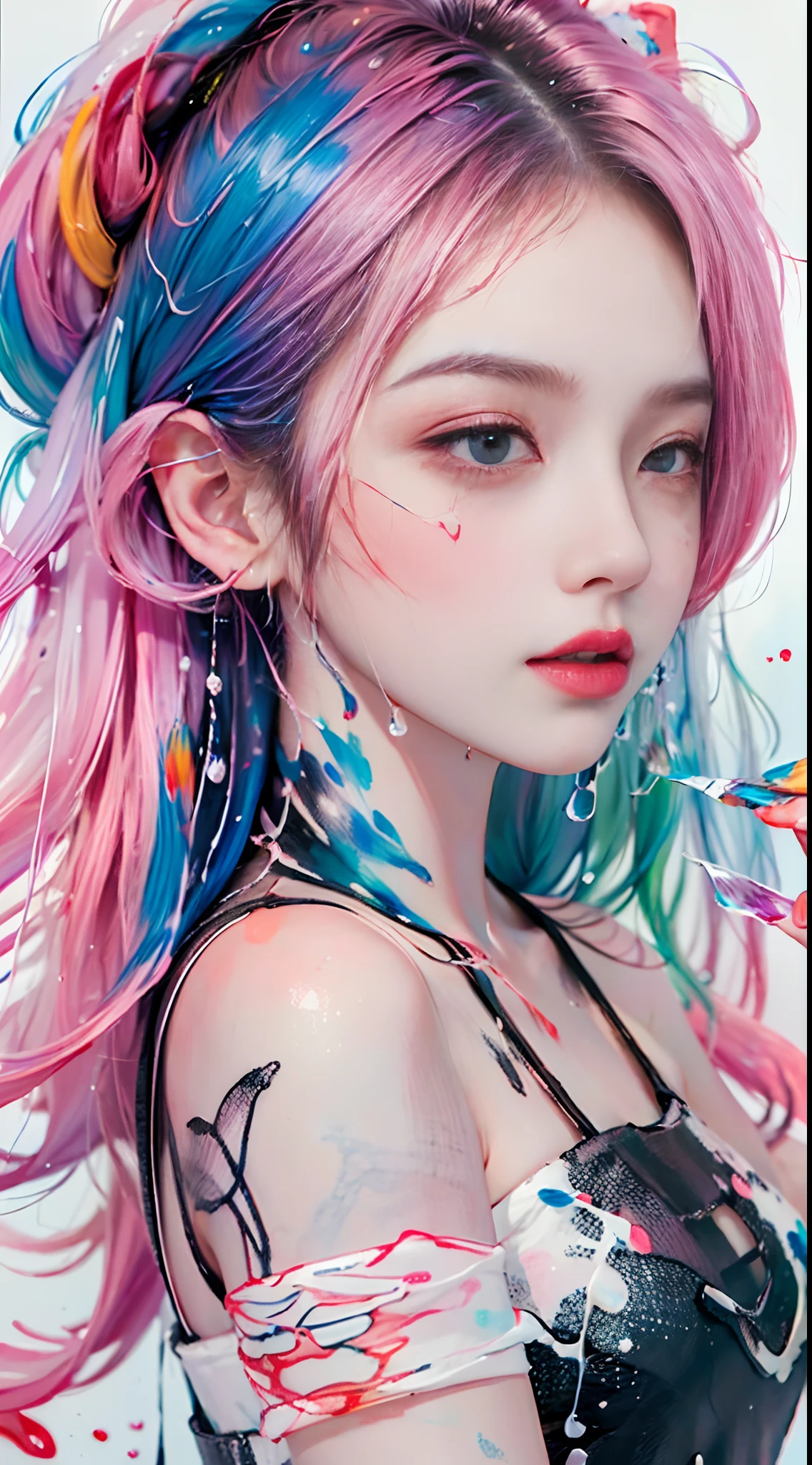 (Masterpiece, Best Quality, High Resolution), White Background, ((Paint Splash, Color Splash, Splash of Ink, Color Splash)), Sweet Chinese Girl, Rainbow Hair, Pink Lips, Front, Upper Body