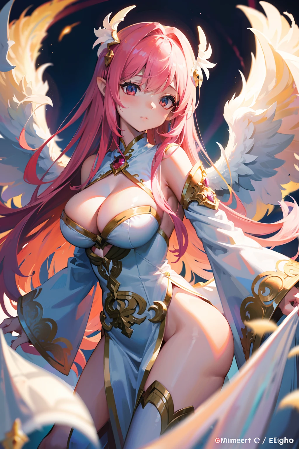 Goddess with big wings。Stand between cotton clouds。digitial painting,Artistically,concept-art,soft focus,sharp,illustratio。Slim body,ornate gown,Large breasts,The divine light lit up from behind,Face the camera head-on