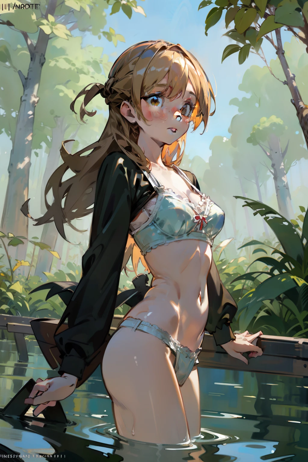 sfw,Girl with blonde hair and freckles,Girl swiming In The forest's river,1girl in,Blonde hair,Side tail,offcial art,Unity 8k,ultra-detailliert,Beautiful and aesthetic,masutepiece,top-quality,dynamic ungle,cowboyshot,Timost Beautiful Chaos Formo,Elegant,Abralist Design,vivd colour,romanticism,watercolor paiting, bra,((underwear))