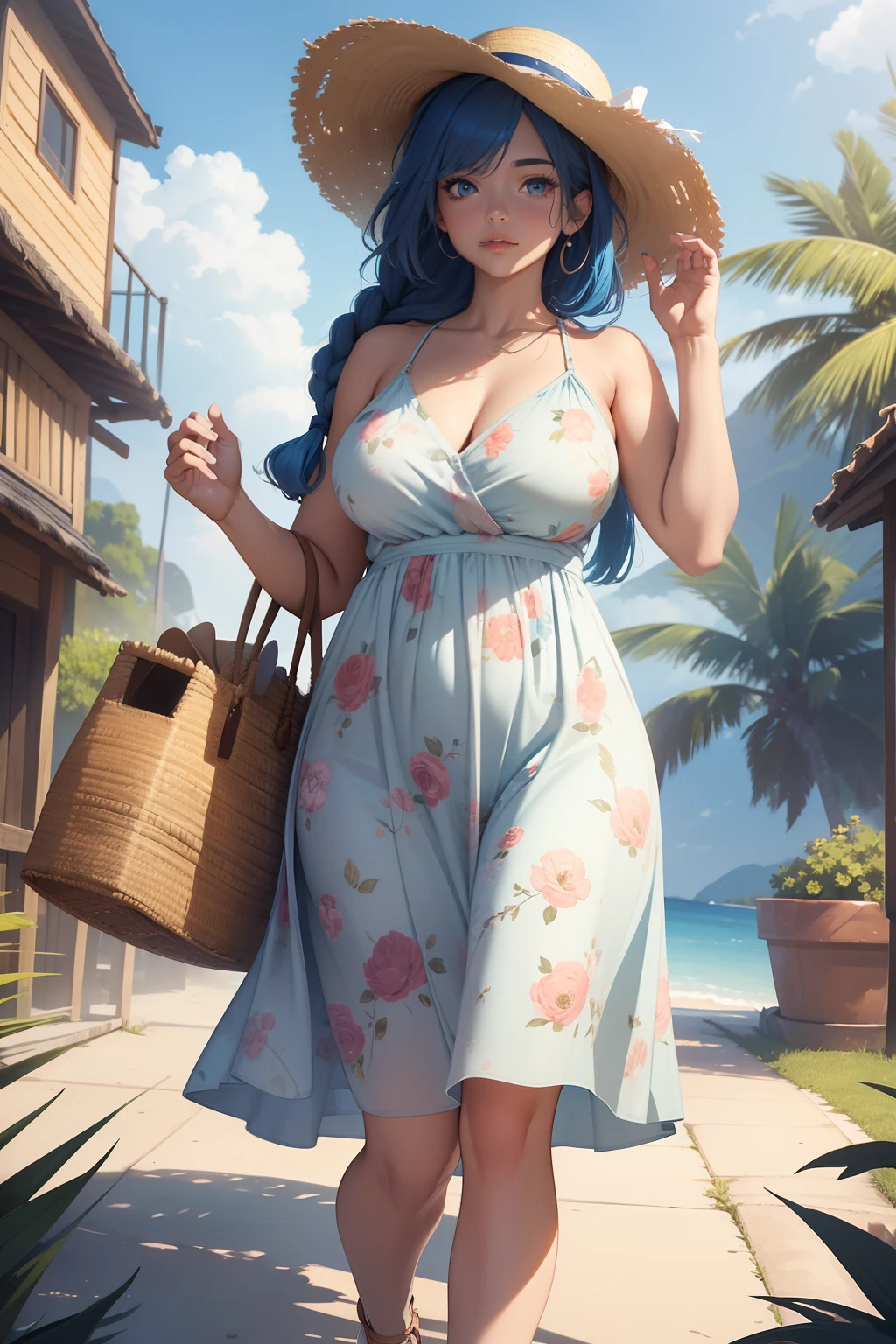 (masterpiece, best quality, 4k, photorealistic, cinematic, ultra-detailed), wide shot, perfect anatomy, curvaceous body, perfect eyes, perfect hands, large chest, long round legs, 1 girl, Light Floral Print Sundress, White Sneakers or Comfortable Sandals, Straw Hat, Woven Tote Bag, Sunscreen and Sunglasses, Blue Hair in a Braided Crown