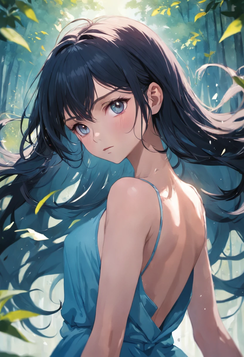 She is an attractive woman with brilliant black hair. Her hair is moist and lustrous and is long enough to reach her back. Her hair blends beautifully with her skin tone and her beauty is instantly recognizable.
Her small face has delicate, well-defined features. Her eyes are large and deep tinted with intelligence and passion. Her gaze has the power to draw people in, and you will find that she shows sincere interest in conversation.
Her petite build and slender frame indicate a healthy lifestyle and a commitment to exercise. Her body reflects her confidence and inner strength.
Half-ish elements may be subtle in her face and features. The genes she inherited from her parents with different cultural backgrounds will have shaped her unique charm.
Her presence in a blue fluffy dress as she walks through a field of flowers attracts people's attention, and her charm and personality make her stand out as a special person.