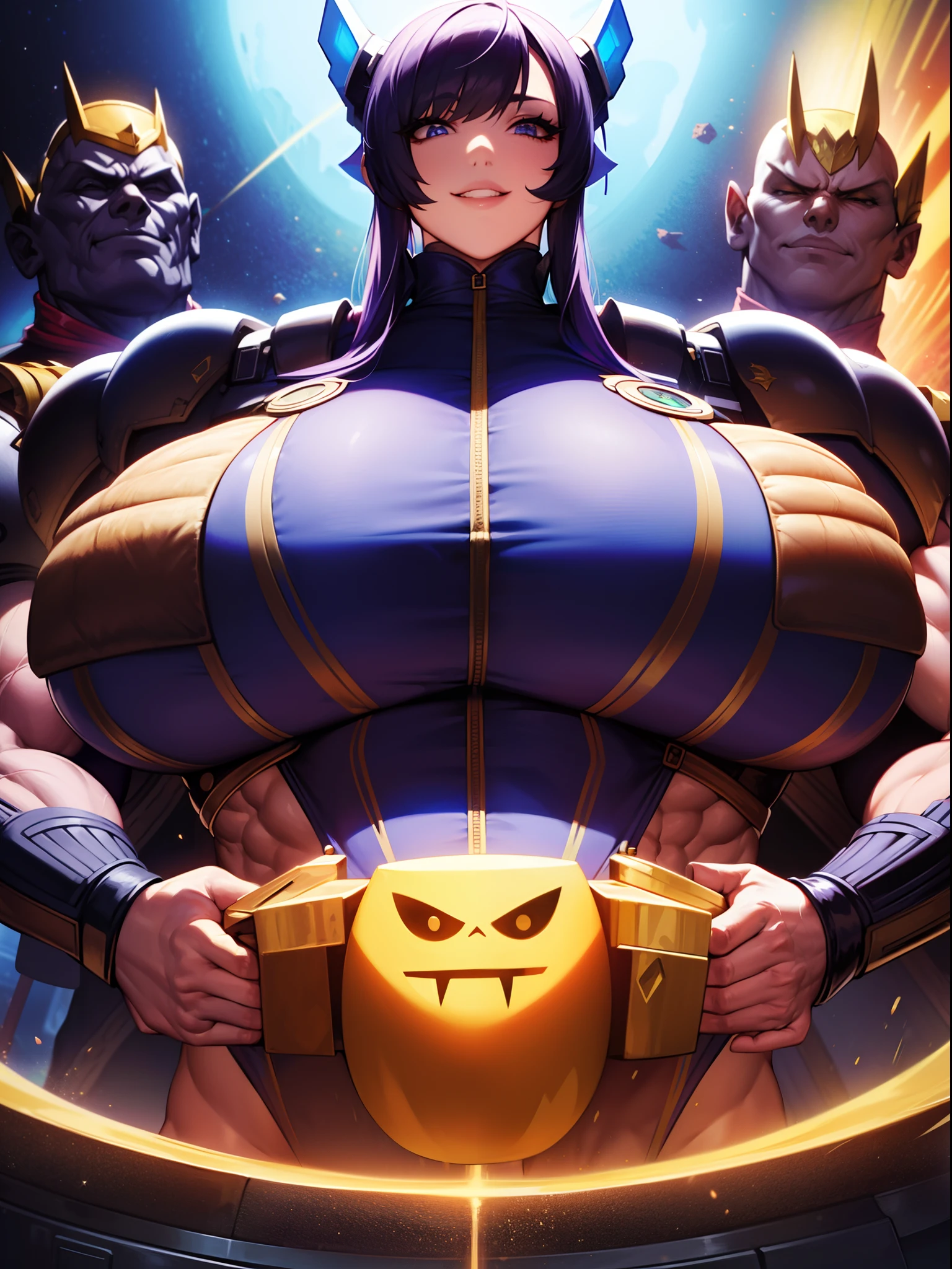 Transcendent beauty illustration、Female Officer、((Muscular beauty :1.5))、8K、(Super Giant Chest :1.5)、Muscle Murasaki Shikibu、street fighter,mechanical suit,alien hunter,Metal Body Armor,Space Detective,smile,slime,