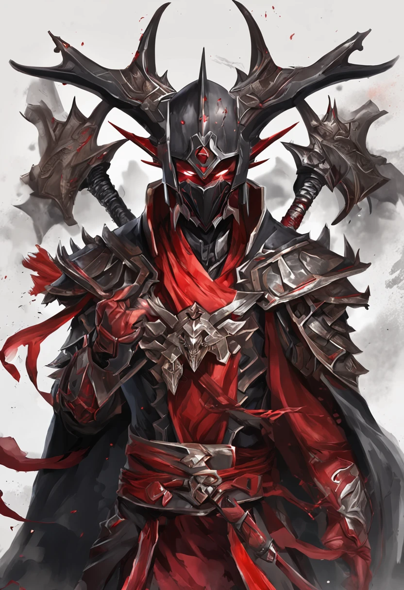 (ultra-detailed CG unit 8k wallpaper, Master parts, Best quality, depth of fields, hdr, 复杂), Tall, The sinister Dark Assassin wears a metal mask，Bright red eyes，Light and dark armor，Behind him，He wears a low-key red cloak。，Holding a sharp dagger in his arms，Step into the burning village, (复杂: 1.4) (Master parts: 1.4) (illustration: 1.4), Red studio lighting, Post-processing, 8K resolution, deep dark background, imponent, Well-composed photos, Impressive, dark fantacy (director: greg rutkovsky: 1.2), (darken: 1.5)（multiple persons:1.5）