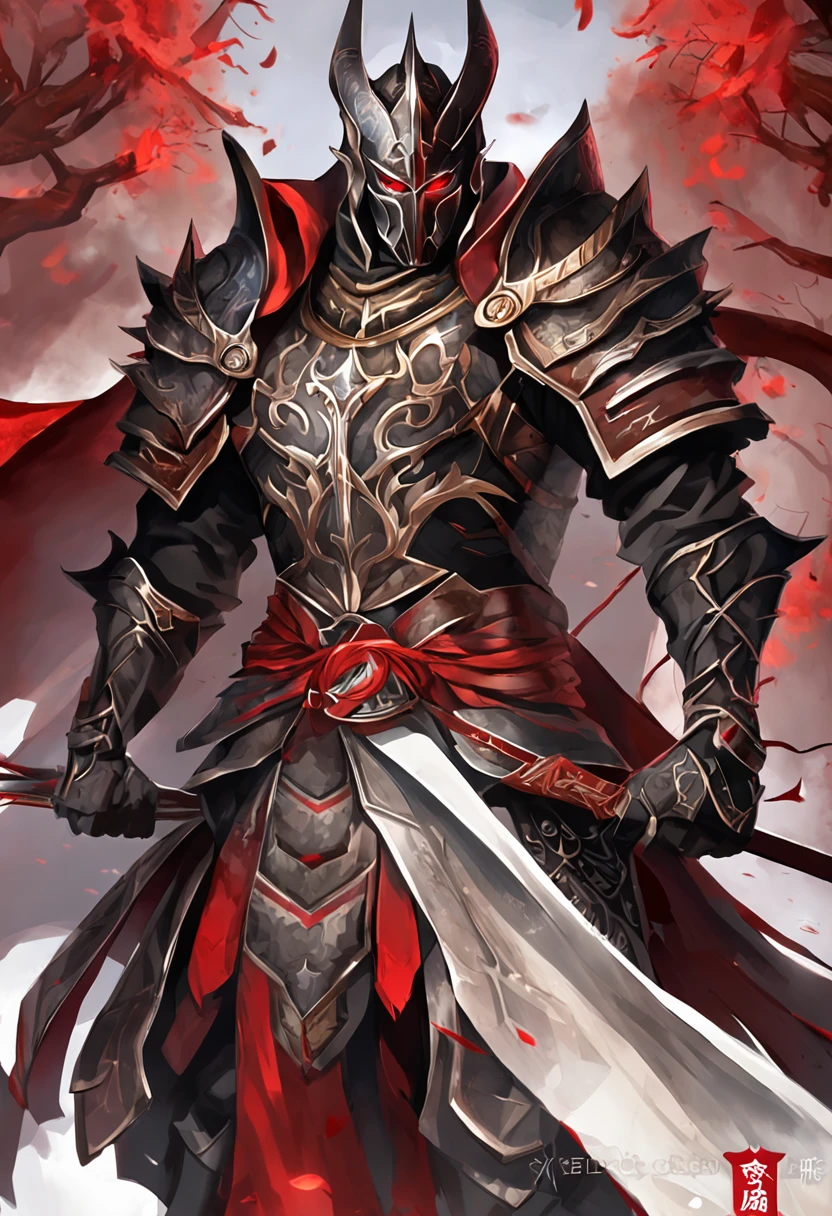 (ultra-detailed CG unit 8k wallpaper, Master parts, Best quality, depth of fields, hdr, 复杂), Tall, The sinister Dark Assassin wears a metal mask，Bright red eyes，Light and dark armor，Behind him，He wears a low-key red cloak。，Holding a sharp dagger in his arms，Step into the burning village, (复杂: 1.4) (Master parts: 1.4) (illustration: 1.4), Red studio lighting, Post-processing, 8K resolution, deep dark background, imponent, Well-composed photos, Impressive, dark fantacy (director: greg rutkovsky: 1.2), (darken: 1.5)（multiple persons:1.5）