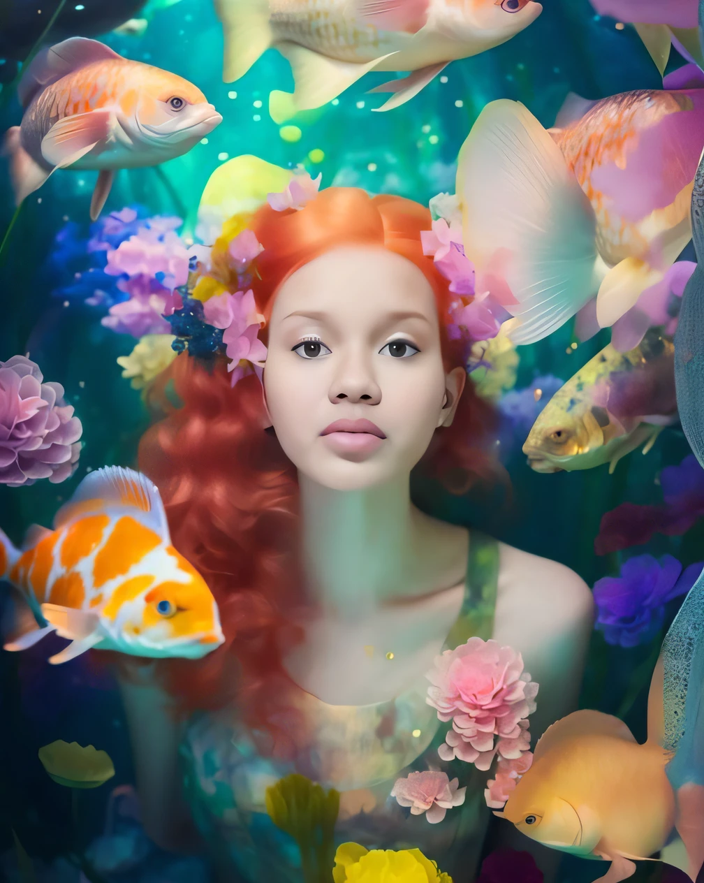 um close up de uma mulher com cabelos ruivos e peixes no cabelo, retrato caprichoso, fotografia de fantasia, sereia bonita, Retrato da Sereia, subaquatic photography, retrato bonito da fantasia, surreal mulher jovem bonita, retrato bonito da arte da fantasia, lindo arte digital, photoshoot real rainha dos oceanos, bela arte digital, retrato surreal bonito, Retrato da rainha sereia, linda arte digital linda