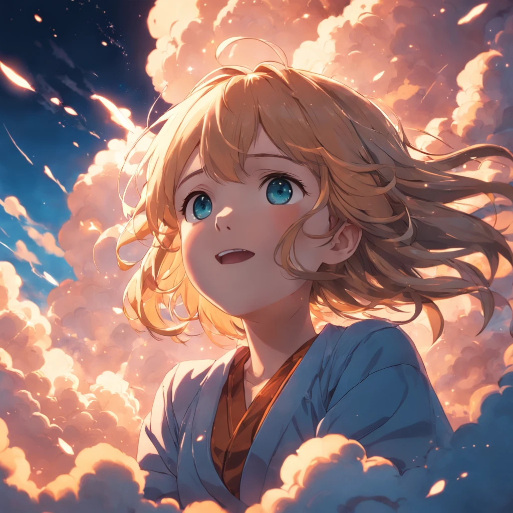masterpiece, best quality, movie still, 1girl, cloud girl, floating in the sky, close-up, bright, happy, warm soft lighting, sunset, (sparks:0.7)