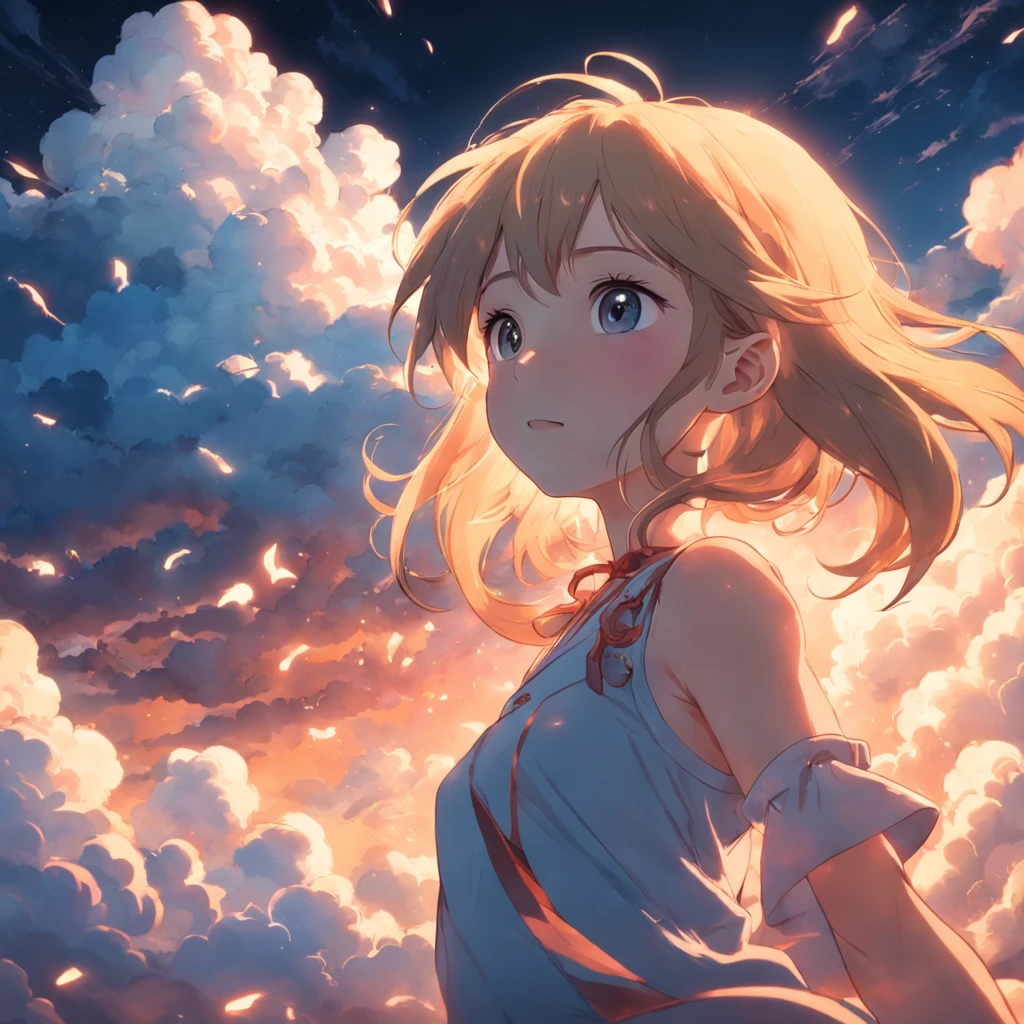 masterpiece, best quality, movie still, 1girl, cloud girl, floating in the sky, close-up, bright, happy, warm soft lighting, sunset, (sparks:0.7)