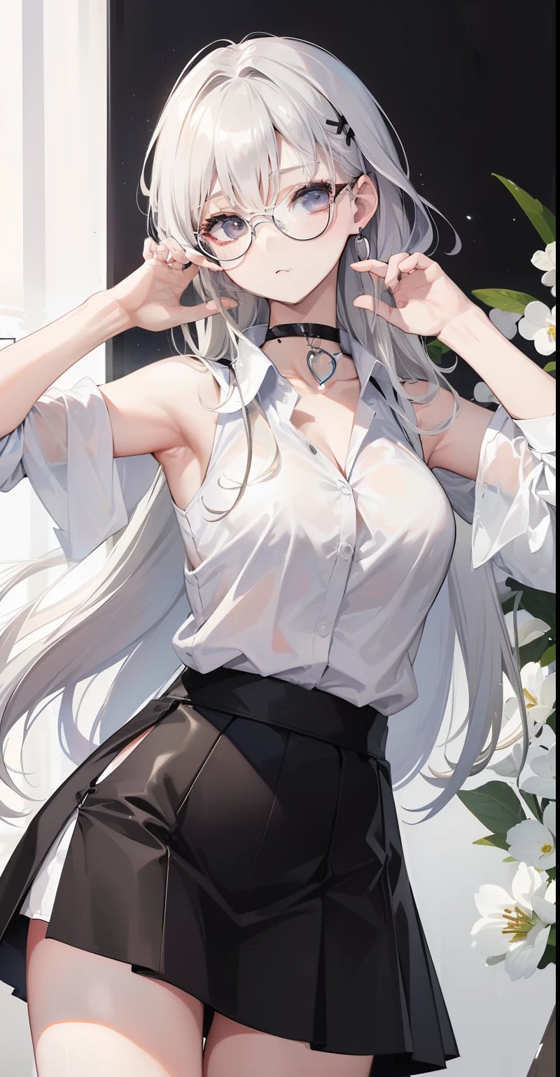 best quality, ultra high res, (photorealistic: 1.4), 1woman, white sleeveless button-down shirt, black skirt, black choker, ((glasses)), (Kpop idol), (salt aegyo: 1), (gray blonde hair platinum:1), ((puffy eyes)), looking at viewer, full body, flowers