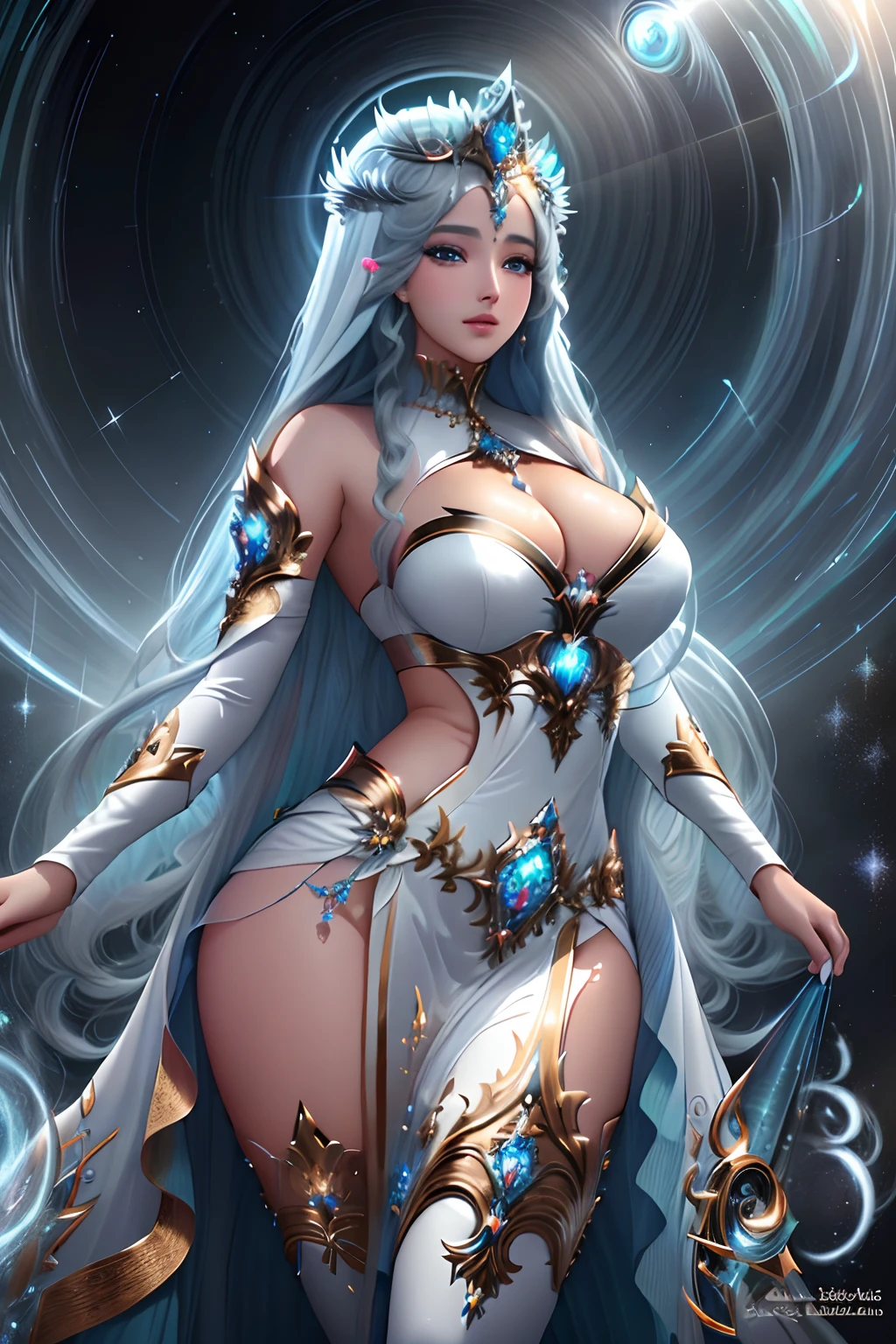 master part, 8k, DSLR, Ultra-alta qualidade, rosto perfeito, limpo, Impeccable, best ilumination, ((a goddess of creation, criando um universo, majestoso traje branco, divino, adiante)), cabelos muito longos, joalheria, ornamento de cabelo, Cinematic lighting, olhos brilhantes, cabelos pretos, olhos azuis, Peitos grandes, Olhos bonitos e detalhados, pele bonita, atraente, ultra-high resolution, high-definition,Antecedentes detalhados,
