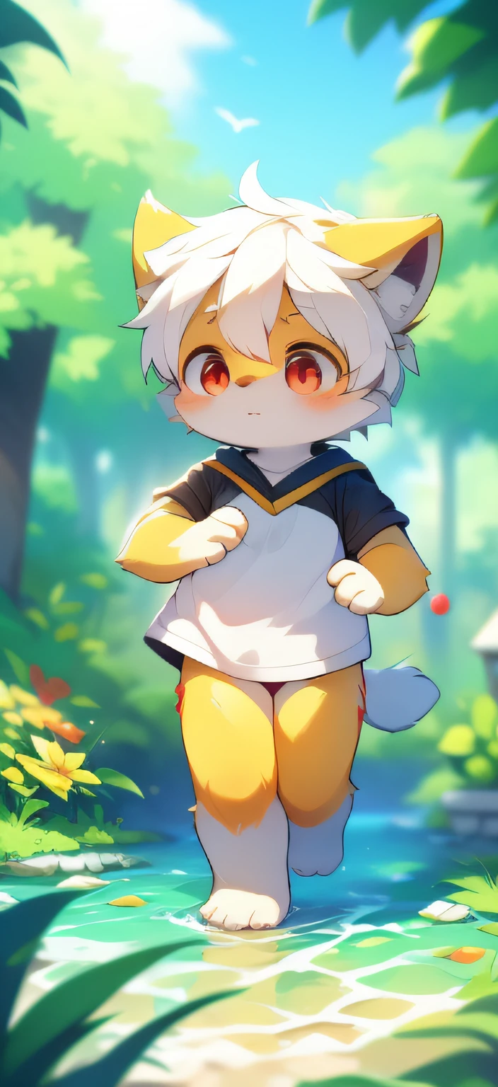 Yellow-haired barefoot Xiao Shota walking in the sea of flowers，(Light yellow fur， Detailed fur， Red eyes， White hair），adolable