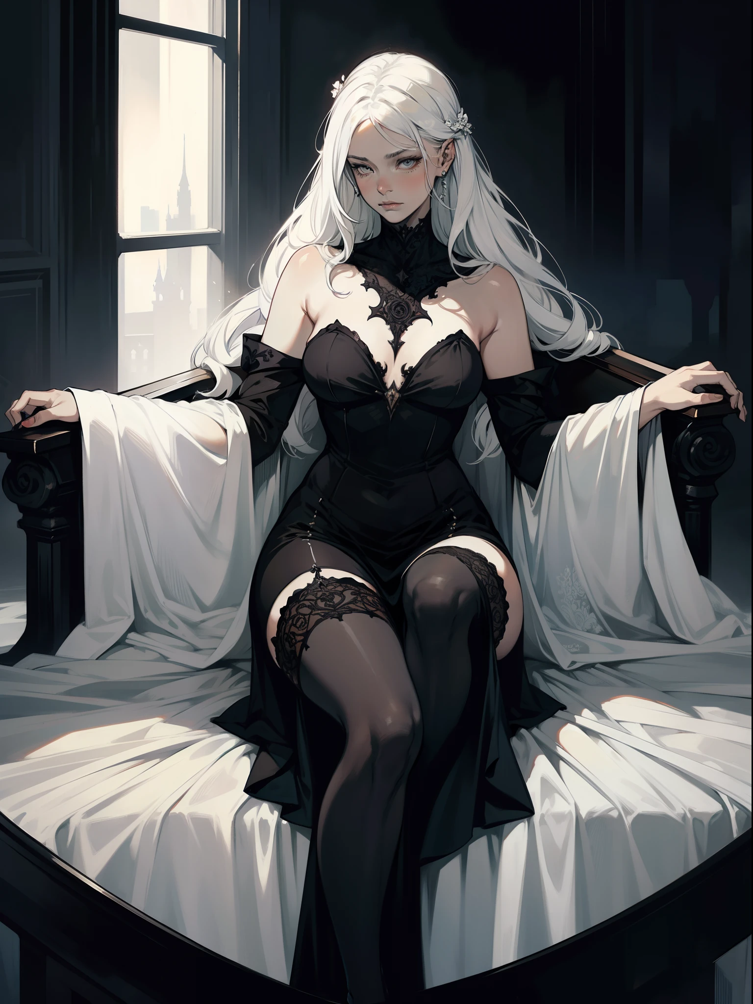 A beautiful and delicate young girl sitting on a black coffin, beautiful legs, silvery white hair, wearing a delicate black maid outfit, with delicate features and face. Surreal, white skin, perfect detail, super detailed, by Charlie Bowater ,by Aleksi Briclot,by Gerald Brom,Dark Style, Bible, Holy, Light, Serious, Dark Soul --ar 9:16  50 --niji 5 --s 2