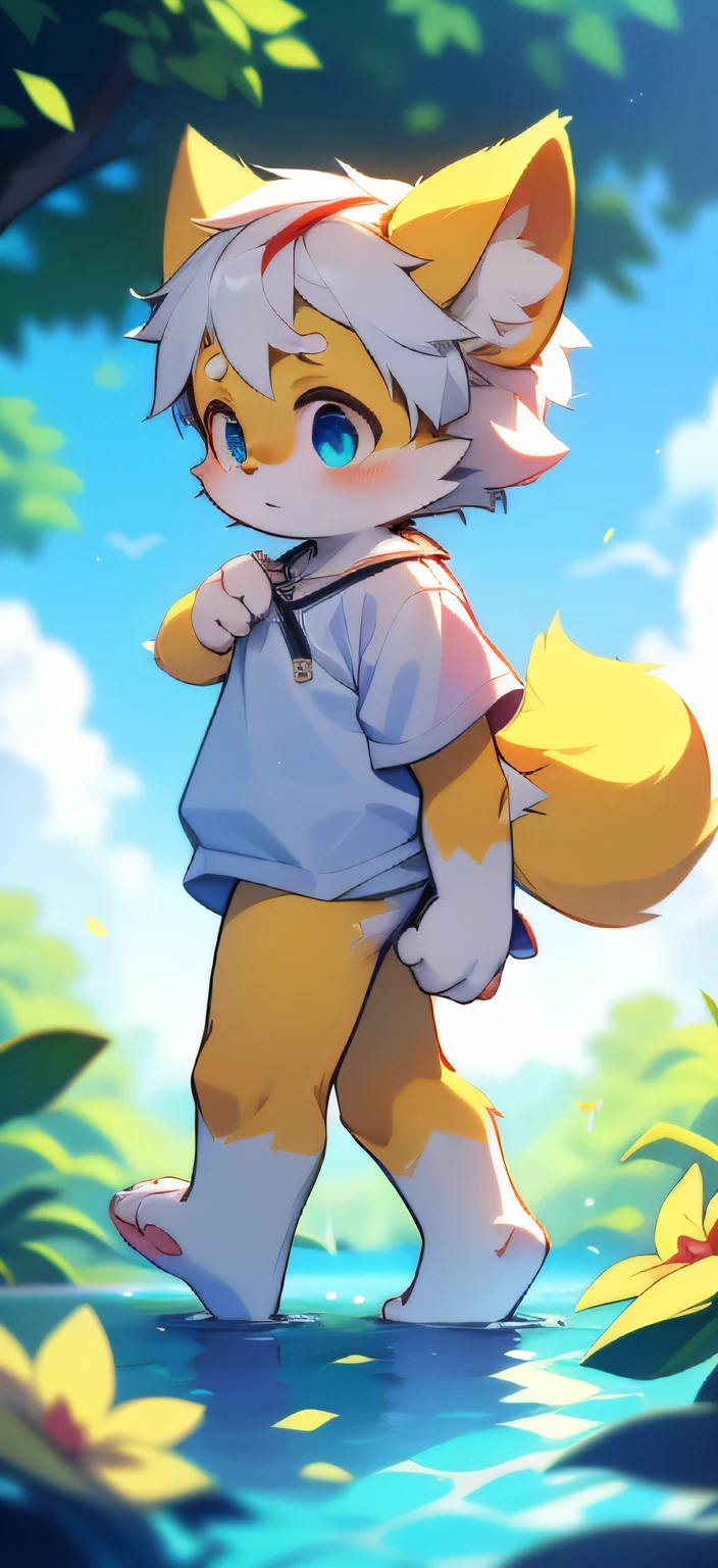 Yellow-haired barefoot Xiao Shota walking in the sea of flowers，(Light yellow fur， Detailed fur， Cyan eyes， White hair），adolable