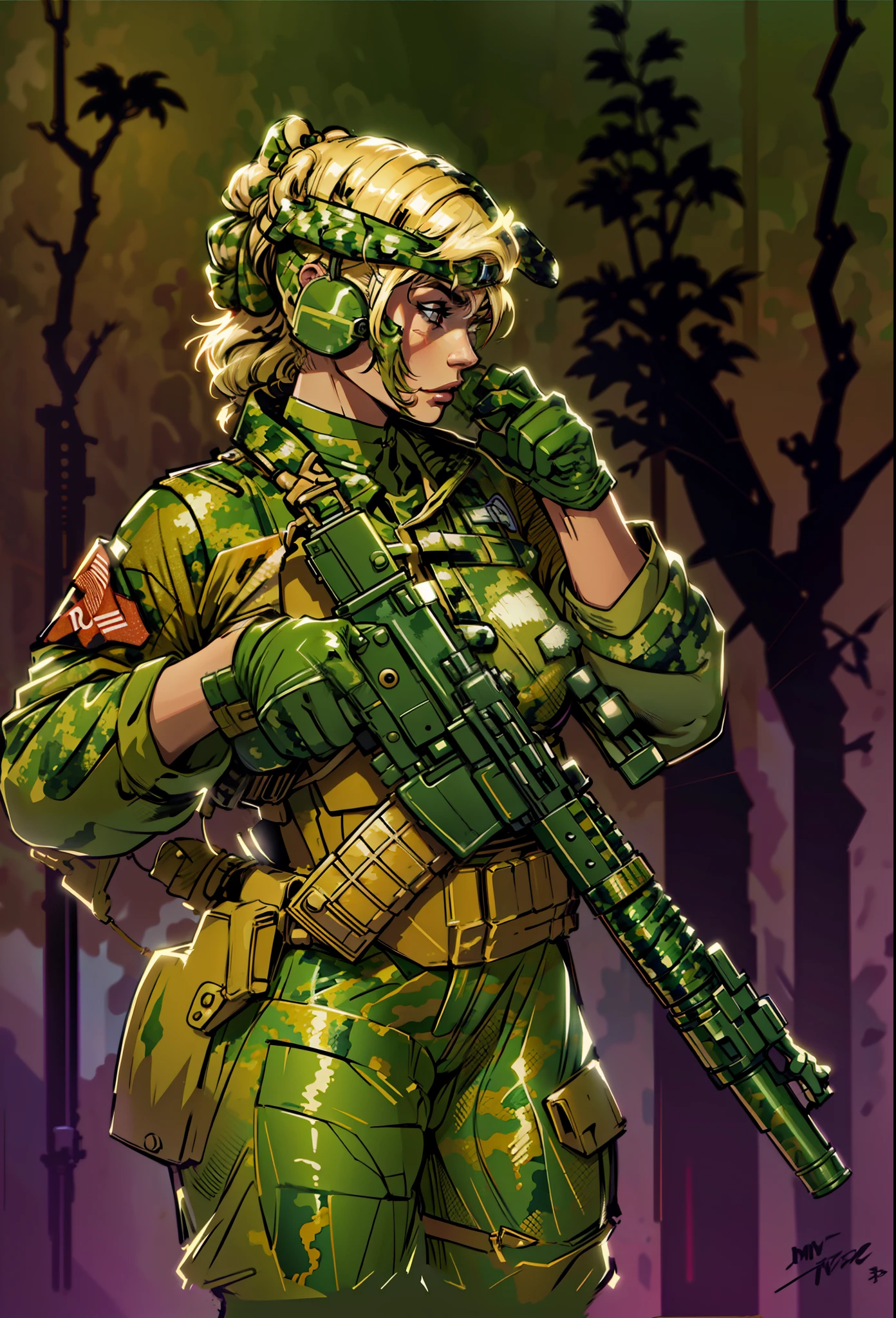 Coloring，Color blocking，detaileds, Blonde female soldier，(((Digital camouflage pattern military uniform)))，detaileds，Heavy metal weapons，jungle backdrop，morningglow，Super detailed