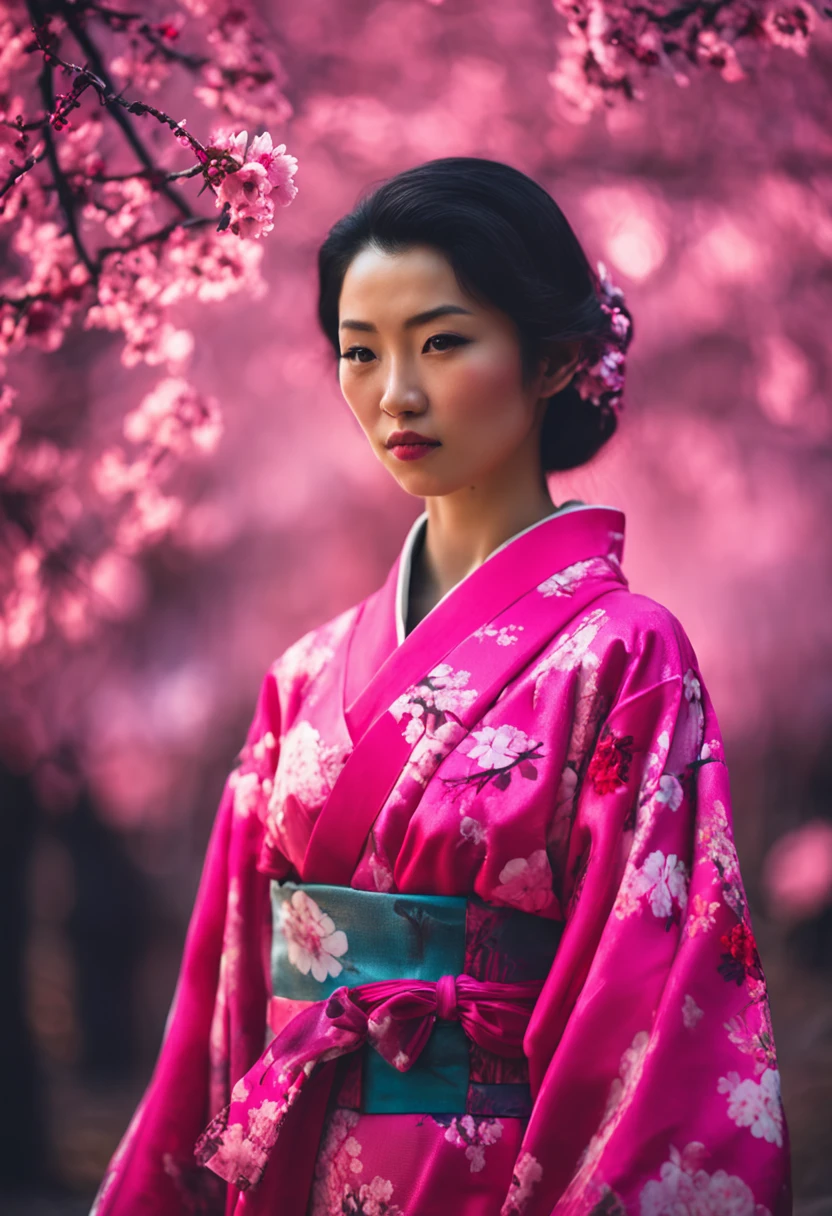 Vibrant pink forest,Japanese woman,Wearing a short cherry blossom kimono,Bust photo,with a good figure,High appearance,Romantic cherry blossoms falling,Pink,the night