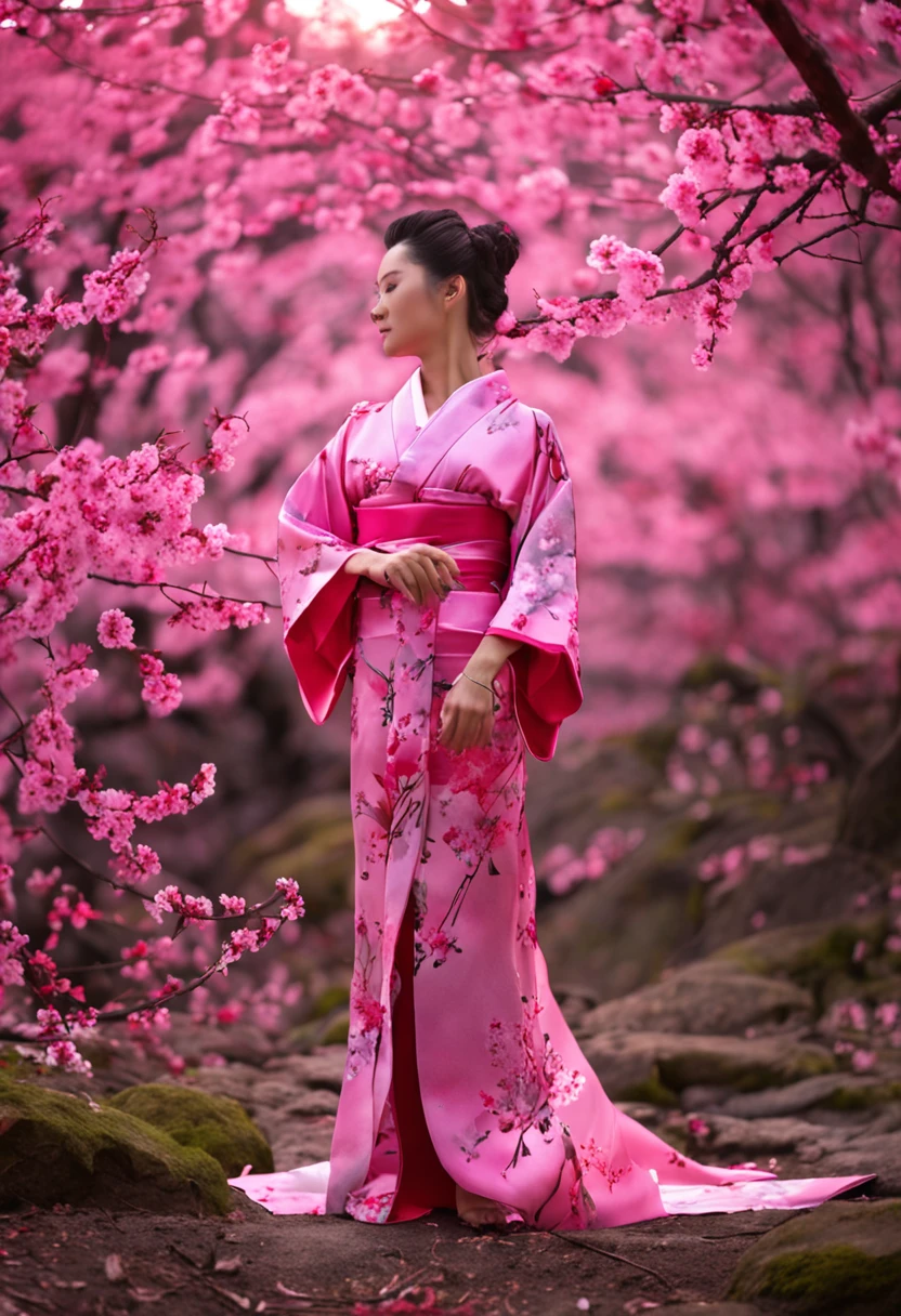 Vibrant pink forest，Japanese woman，Wearing a short cherry blossom kimono，Bust photo，with a good figure，High appearance，Romantic cherry blossoms falling，Pink，the night