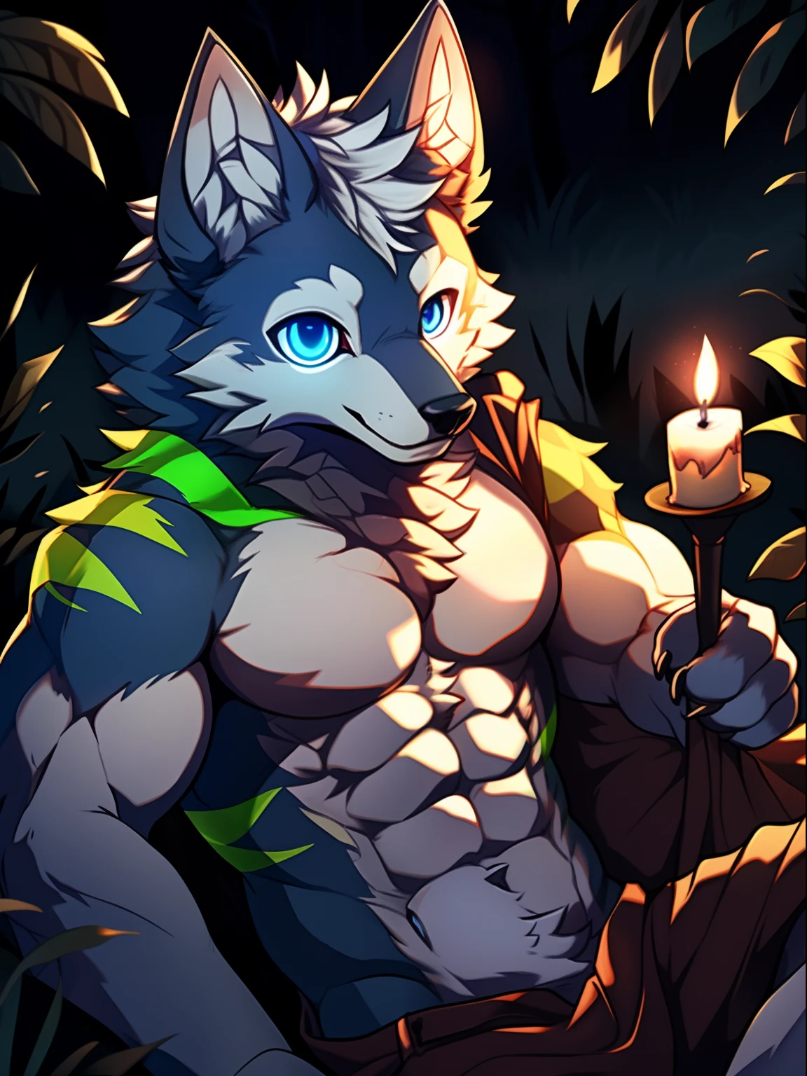 Solo, Male, (Muscular), (male anthro wolf):1.3, White body, White belly, (Detailed eyes, blue color eyes, gray colored skin，Green stripes，Sharp claws，Cute beast claws，glowing light eyes):1.1, (exteriors:1.35), ln the forest, waxy candles, the night，detailedbackground，realisticlying，realistic hand，8k hdr，（Dark shadows，Wide dynamic range，hdr，low-light：1.2），No clothing