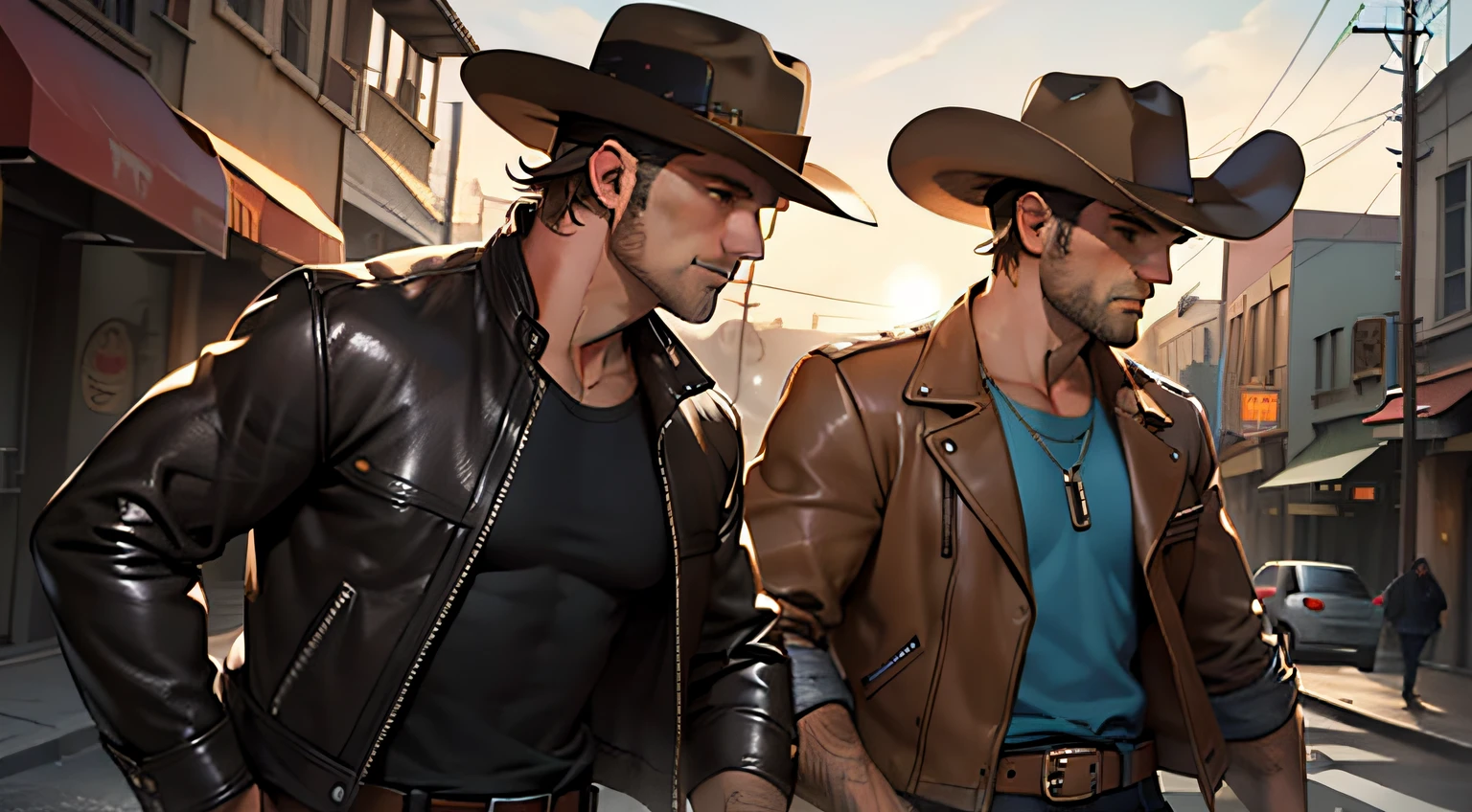 (4K, Best picture quality, A high resolution:1.1), (Masterpiece:1.1)Muscular man，blue-shirt, Brown leather jacket, long black jeans, Cowboy boots, revolver, Cowboy hat, Dark brown hair, Short hair, Brown eyes, two guys，A youth，A middle-aged man，In western towns，On the desert streets，evening at dusk，The two chatted，Clear facial expression details