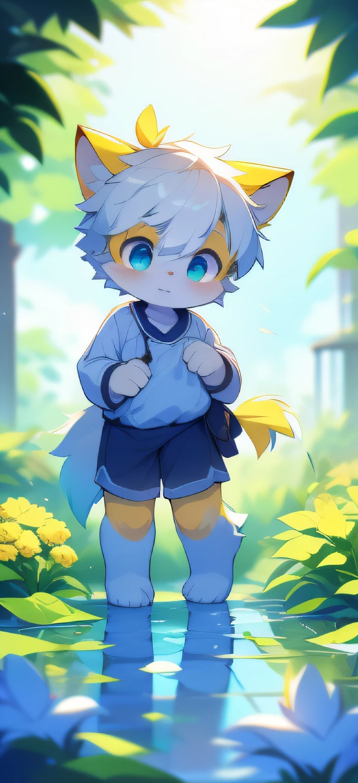 Yellow-haired barefoot Xiao Shota walking in the sea of flowers，(Light yellow fur， Detailed fur， Cyan eyes， White hair），adolable