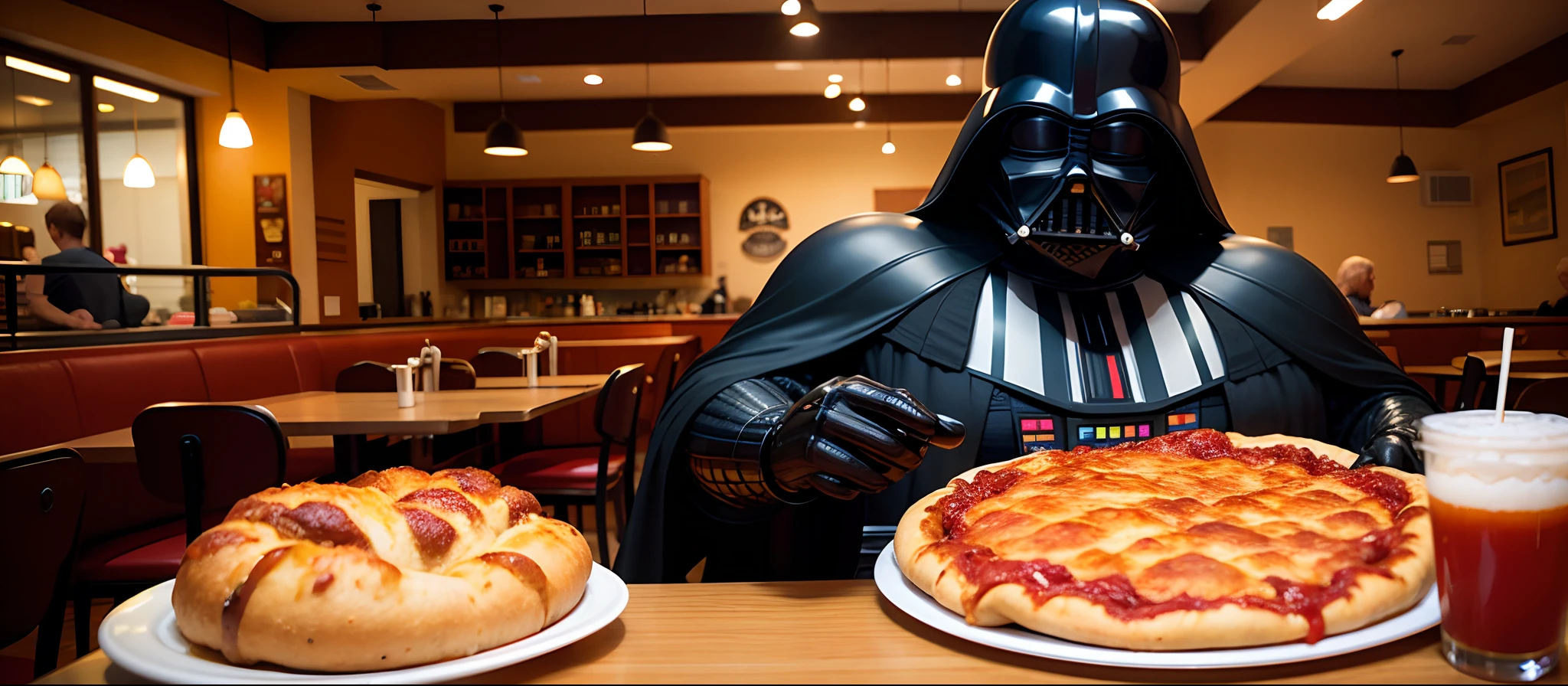 Darth_Vader eat a pizza at the restaurant ,<lora:Darth_Vader:.8>,