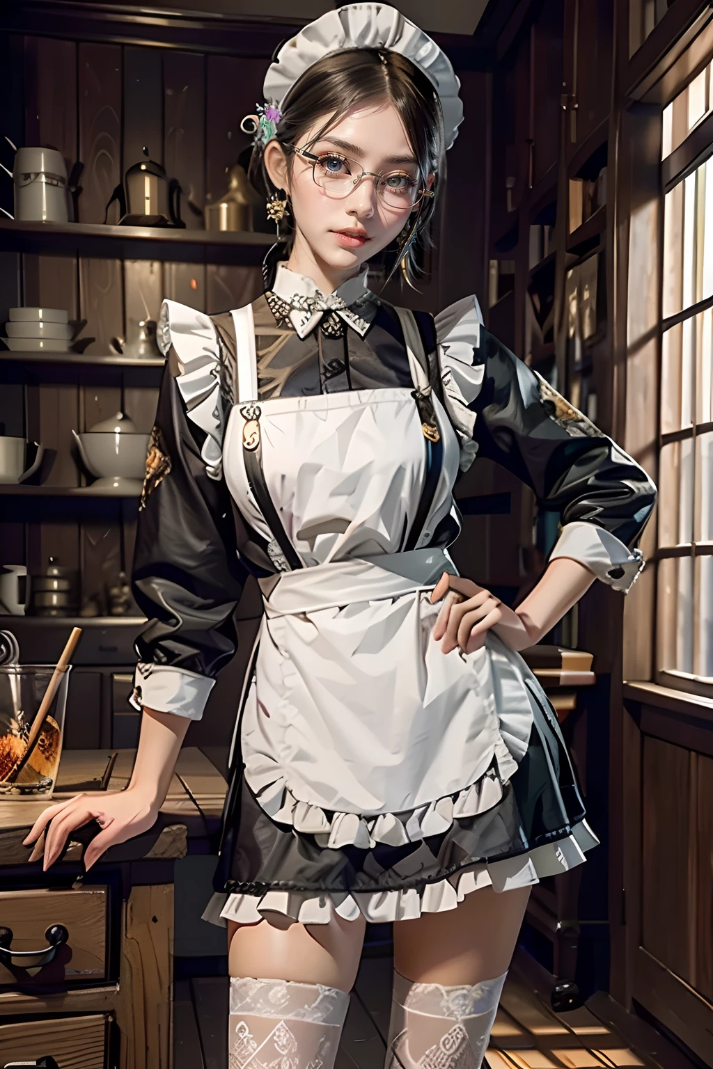 A fusion of rural fantasy and modern technology, Highly detailed, art  stations, Colorful, interesting background，the maid outfit，Flame it up，a matural female，rimless eyewears，stand posture