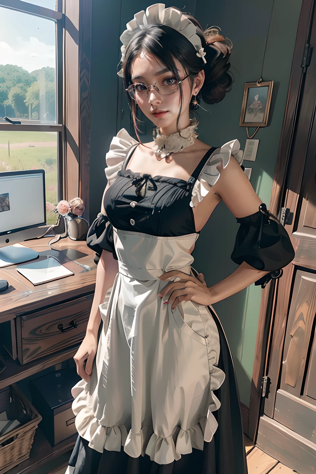 A fusion of rural fantasy and modern technology, Highly detailed, art  stations, Colorful, interesting background，the maid outfit，Flame it up，a matural female，rimless eyewears，stand posture